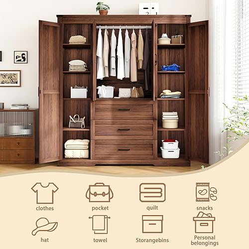 Miniatura 7 de Armario de 4 puertas con 3 cajones y cajones, armario de dormitorio de granja con barra para colgar y estantes ajustables, armario de almacenamiento