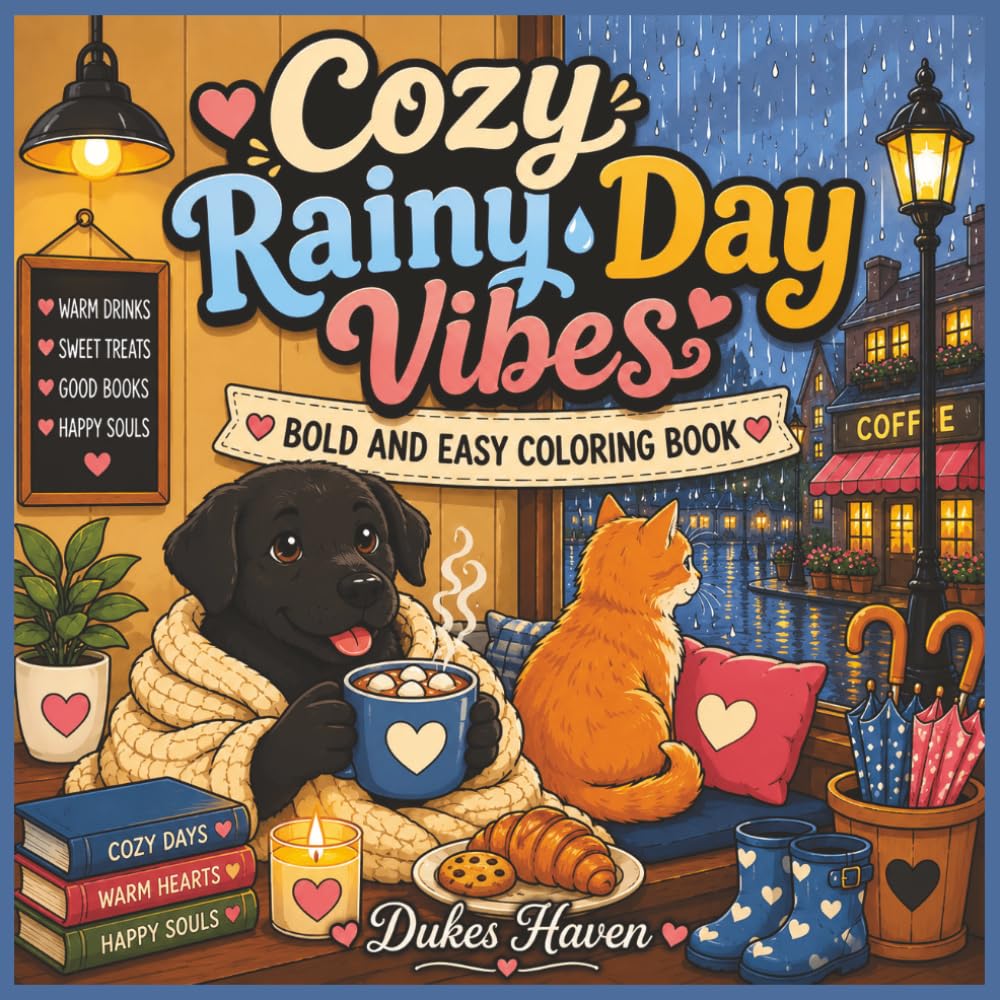 Cozy Rainy Day Vibes: A Bold and Easy Coloring Book for Teens and Adults Featuring Cute Cozy Animals, Rainy Hygge Scenes, and Relaxing Comfort Coloring Pages