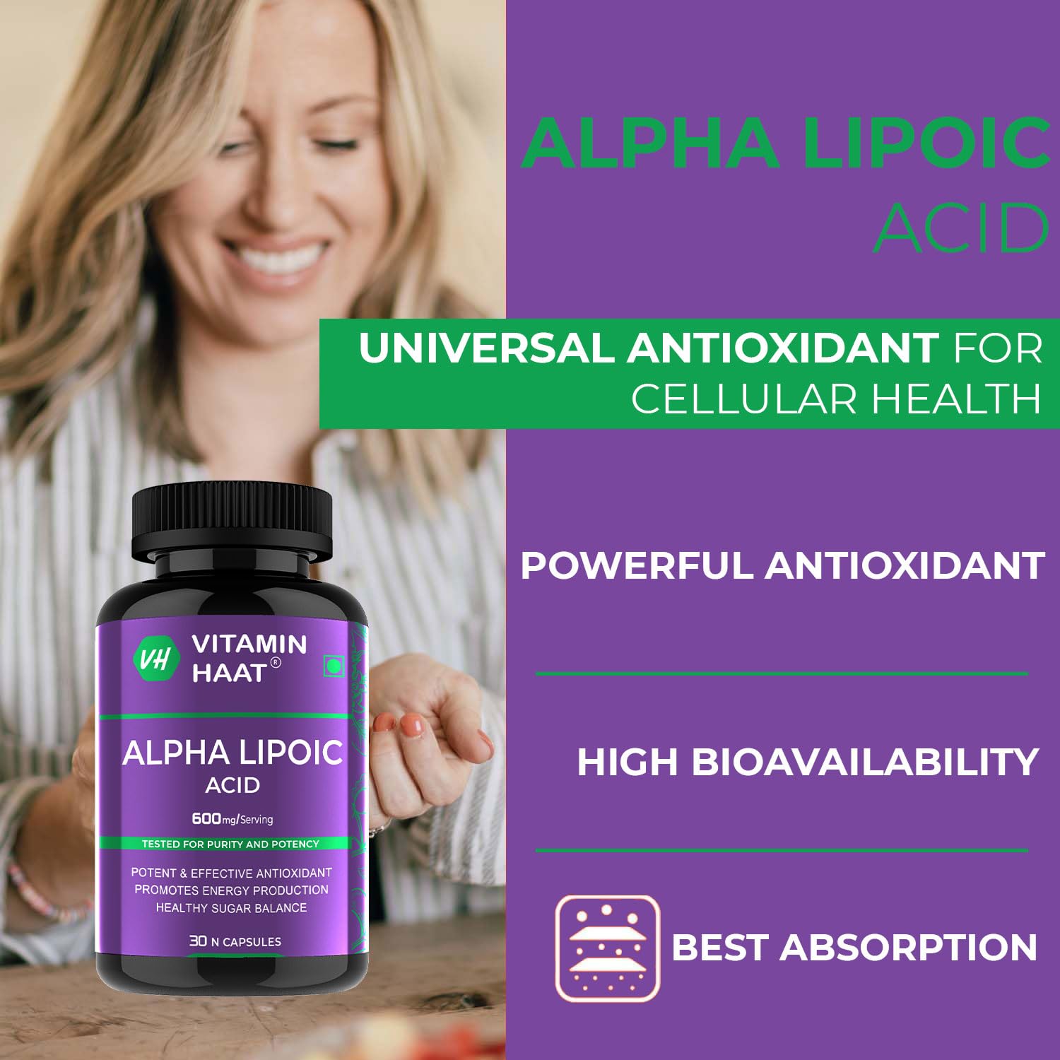VitaminHaat Alpha Lipoic Acid 600 mg | Powerful Antioxidant for Cellular Energy & Nerve Health | Supports Skin & Glucose Metabolism (30 count (Pack of 1)) — Amazon image 3