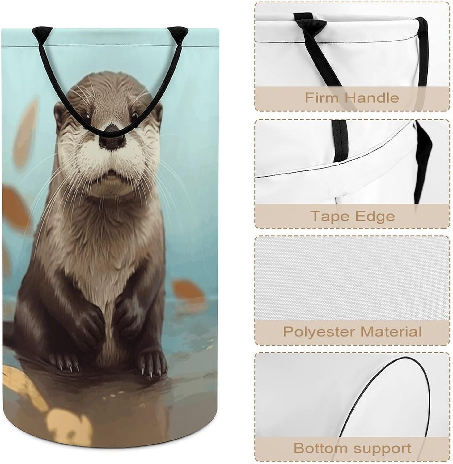 Cute Otter Laundry Hamper with Handles Waterproof Collapsible Laundry Basket Large Lightweight Round Dirty Clothes Hamper for Home Dorm Bathroom Decor