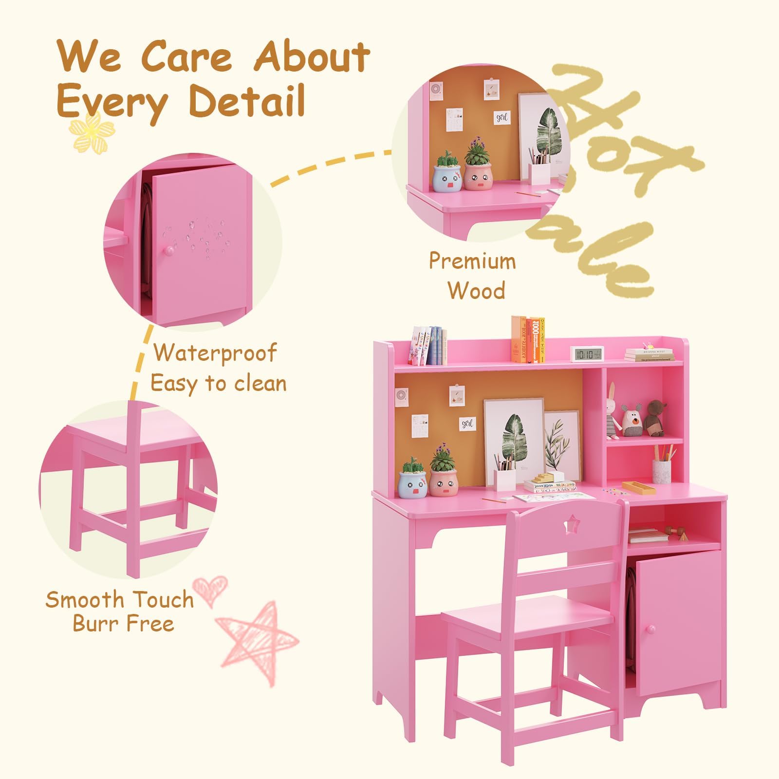Escritorio Infantil de Madera para Estudiantes con Silla, Mesa Niños Infantil con Estanterías Abiertas y Armarios con Puertas, Mesa de Aprendizaje Infantil Multifuncional para Dormitorio o Estudio