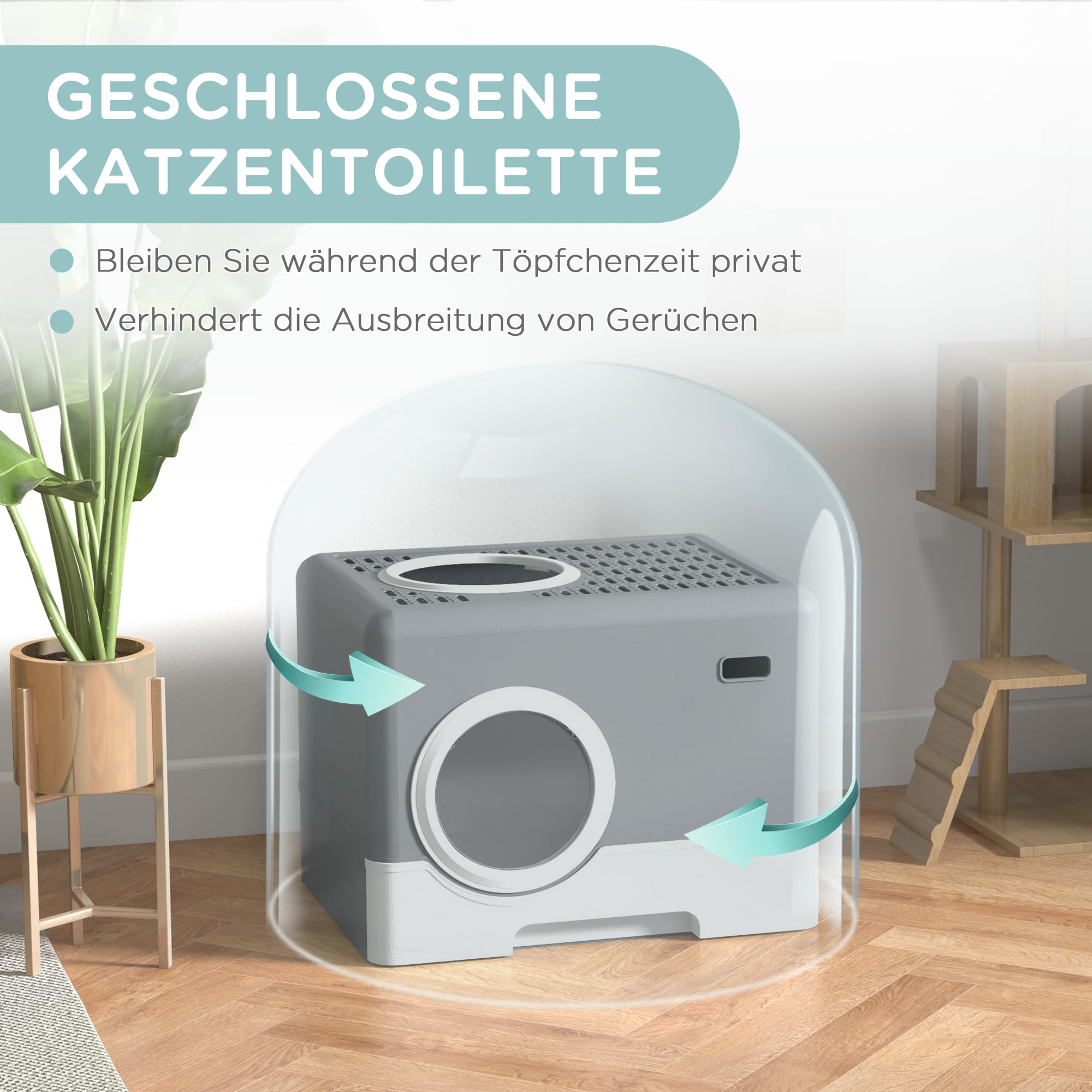 PawHut Katzentoilette mit Deckel Katzenklo mit Haube und Schaufel ausziehbare Schublade 2 Ausgänge Katzentoilette für Katzen bis 4 kg 52 x 41 x 38,5 cm Grau