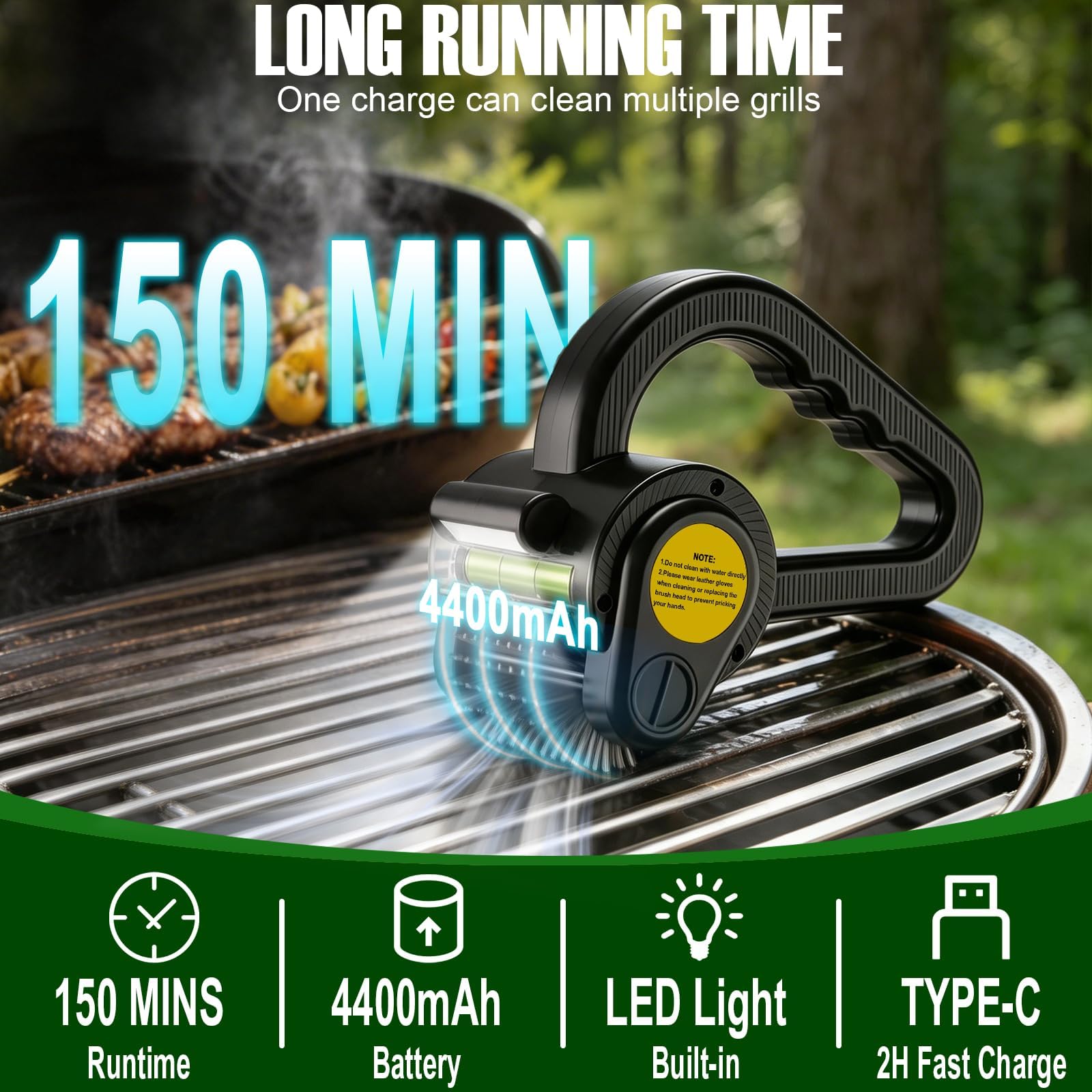 Spazzola elettrica per barbecue, motore ad alta potenza, testa rimovibile in acciaio inox, pulitore per barbecue con luce LED, facile da usare per barbecue e cucina
