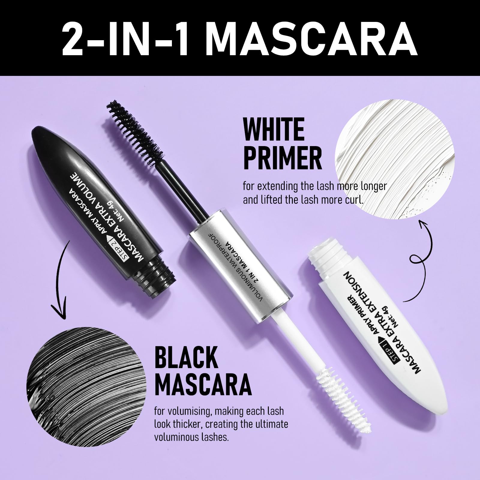 KYDA Double Extension Effect Mascara, Black and White Mascara Primer for Long and Volume Lash Effect Long-lasting - Image 2