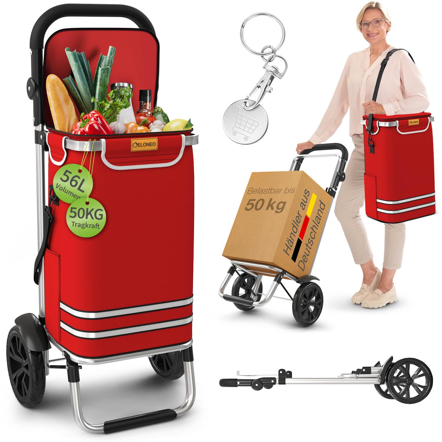 ELONEO Einkaufstrolley klappbar, Einkaufswagen mit Kühlfach, 3in1 Trolley, Sackkarre & Umhängetasche, Einkaufsrollwagen, Shopping Trolley 56L Kapazität & Einkaufschip, Hackenporsche Rot