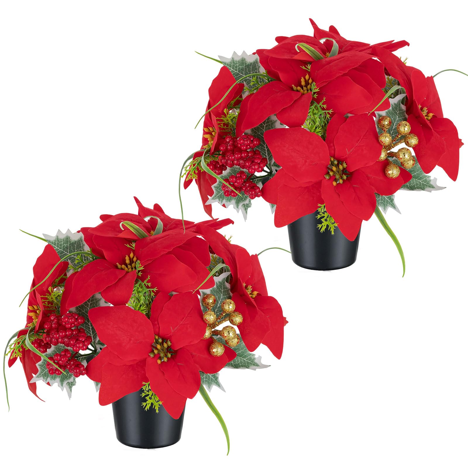 4 Bouquet Di Stella Di Natale Artificiale Rossa - 7 Steli Ognuno, Fiori In Stoffa Seta Con Stami Brillanti, Per Decorazioni Natalizie E Centrotavola - 6