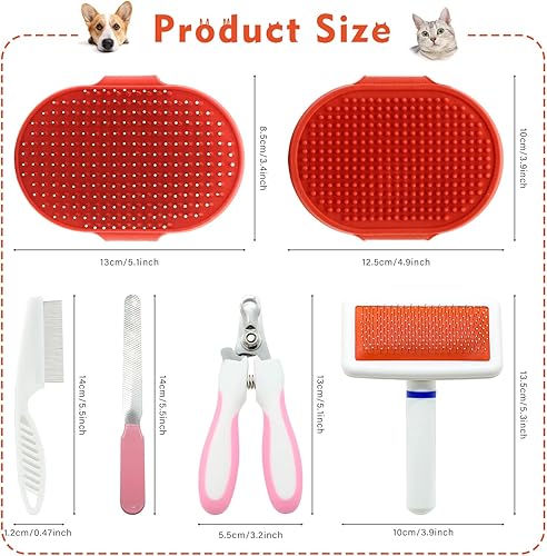 Miniatura 2 de Kit de aseo para gatos con cepillo deslizante para quitar mascotas, cortaúñas, guante de baño para masajes, peine de pulgas para conejos, cachorros,