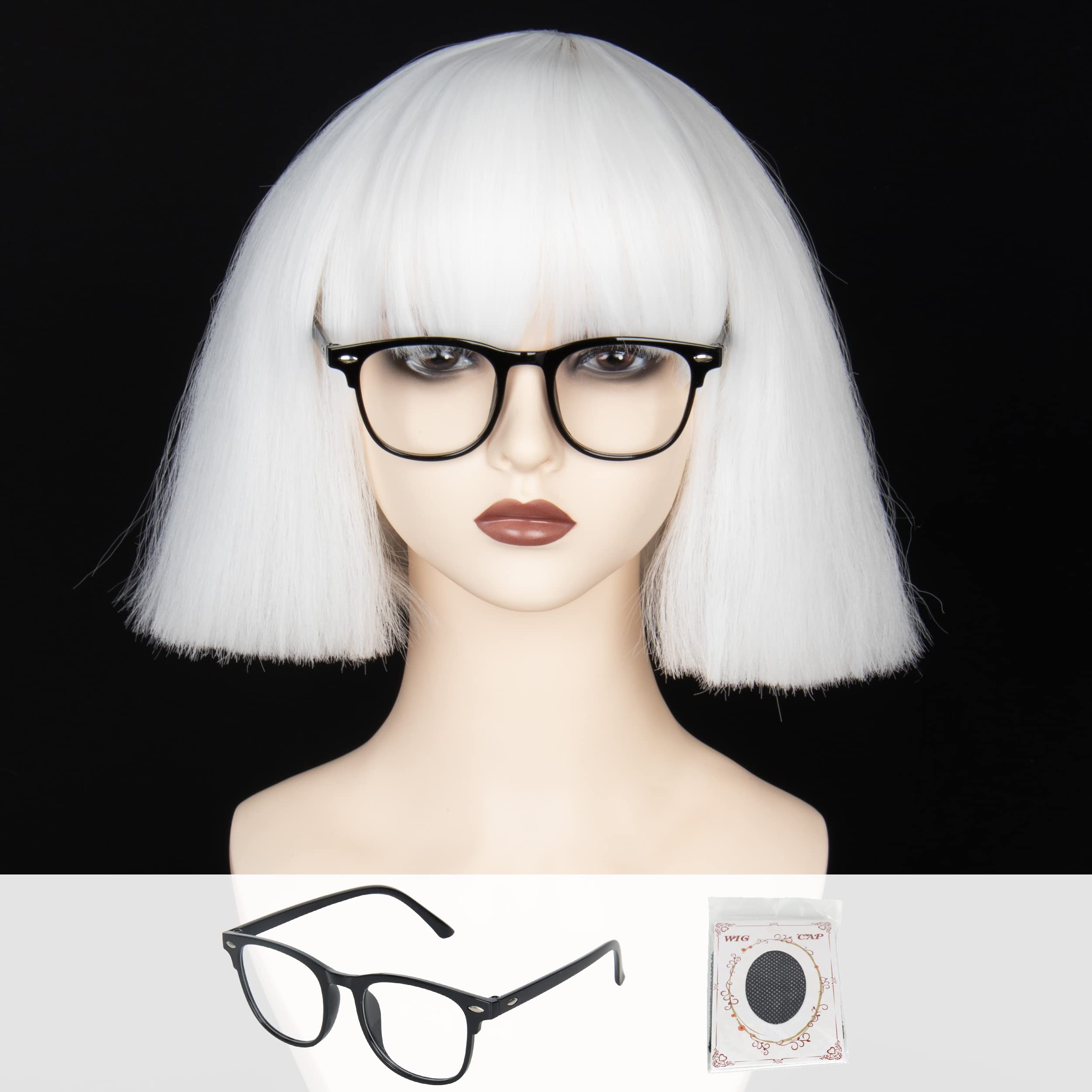 M MISS U HAIR Short Fluffy White Wig for Men Women with Black Glasses Party Halloween Cosplay Wig