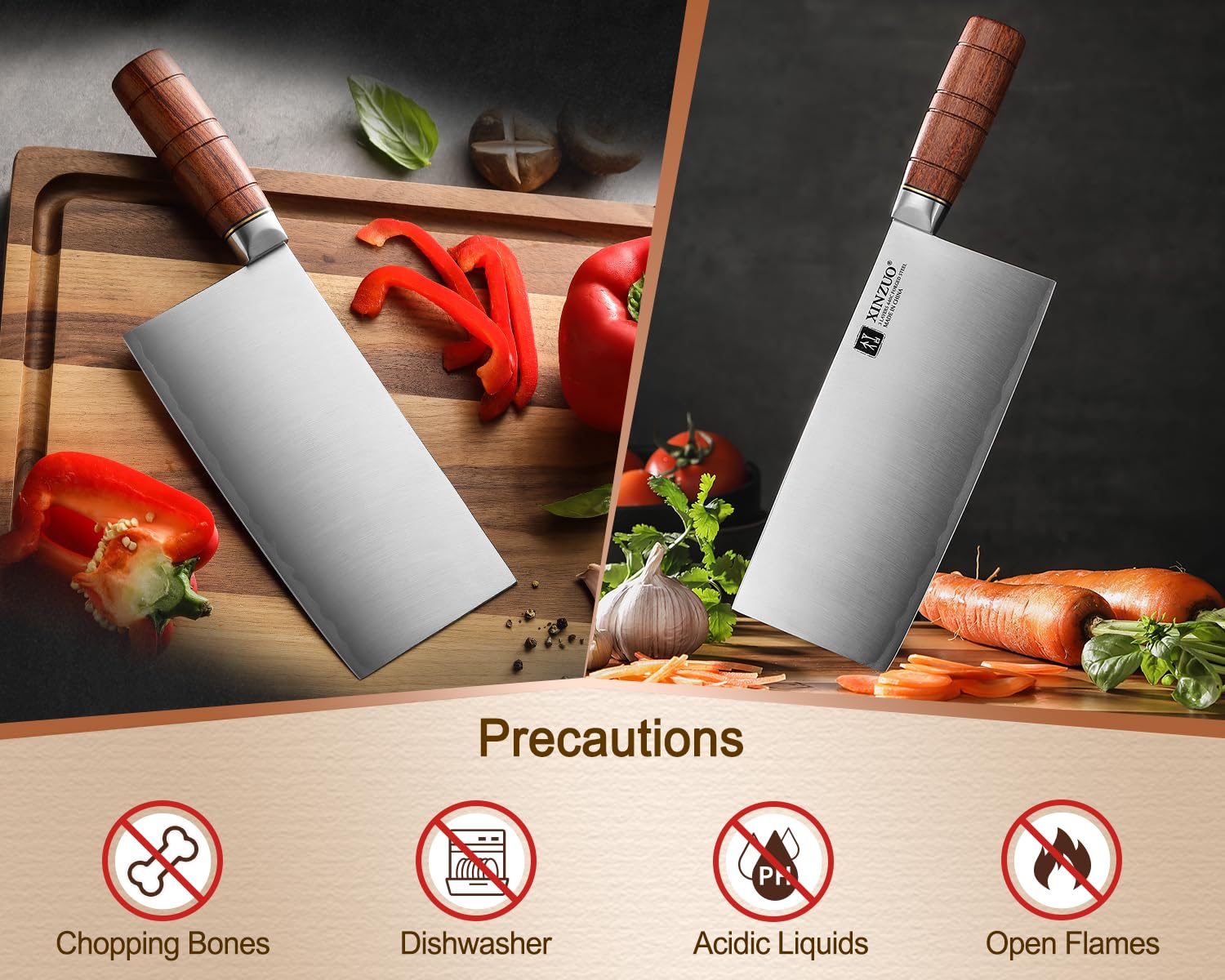 XINZUO Couperet Couteau Chef Chinois 18,8cm Acier Inoxydable Poignée Red Wood