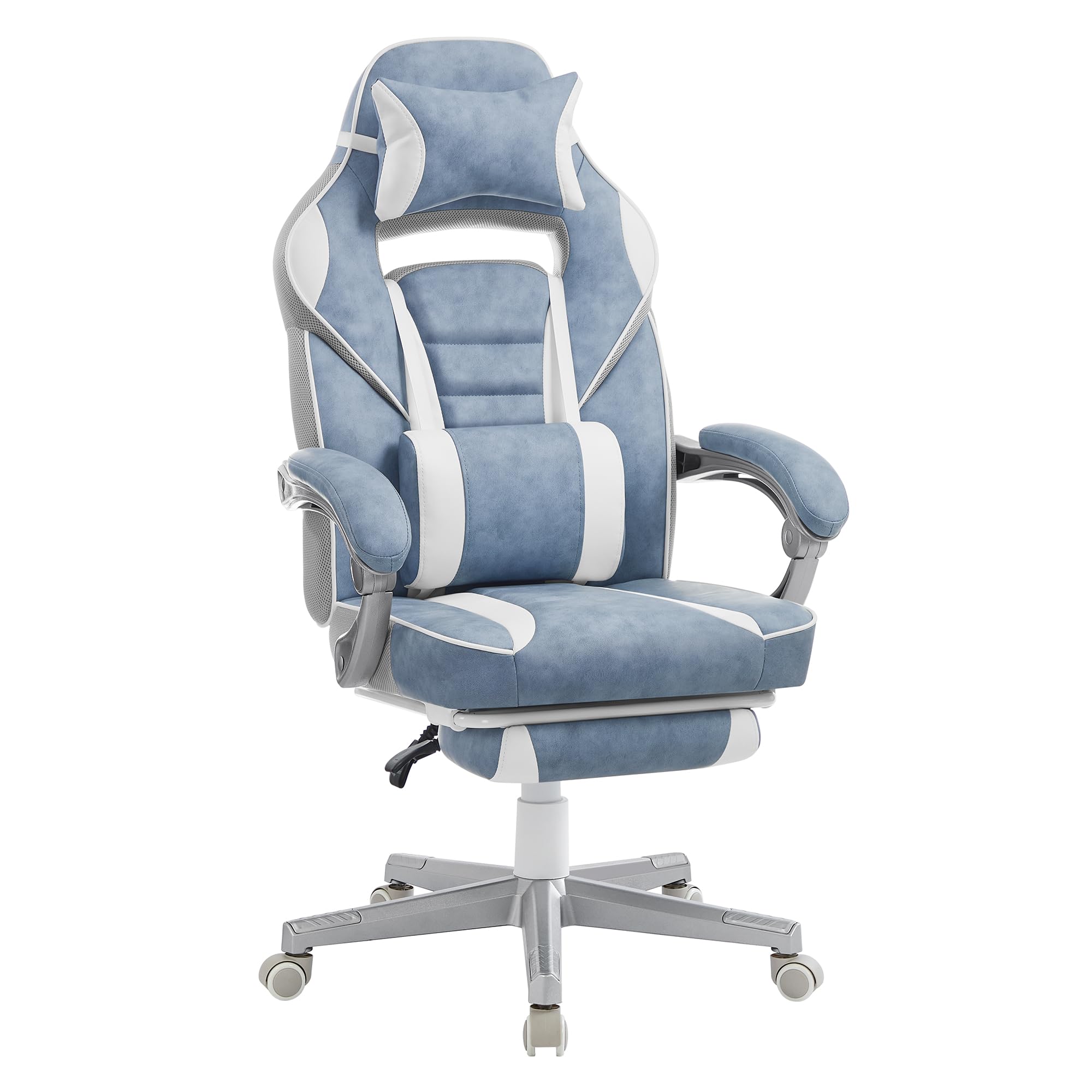 SONGMICS Sedia da Ufficio, Poltrona Racing Ergonomica, Poggiapiedi Telescopico, Schienale Inclinabile, Poggiatesta e Supporto Lombare, Portante di 150 kg, Blu Turchino e Bianco Crema OBG073Q01
