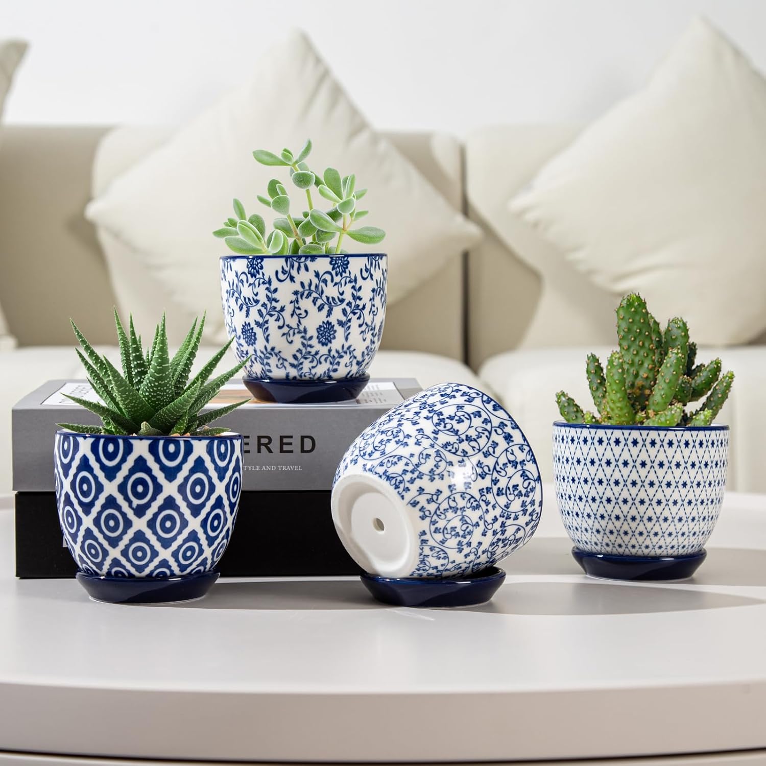 Ceramic Succulent Planter Pots - 3.5 Inch Small Flower Pot with Saucers and Drainage Holes for Cactus, Herbs, Indoor Plant, Outdoor Plants, Home Decor, Set of 4, Vintage Blue