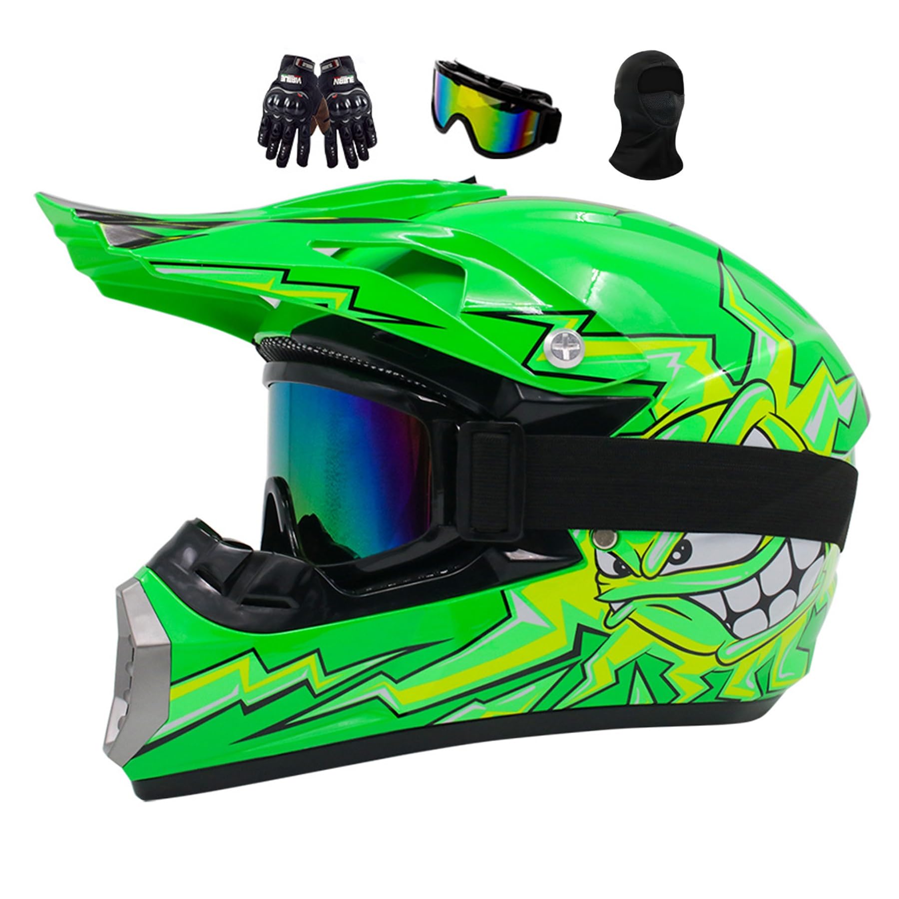 Casco Integrale Motocross, Casco Motocross Set Per Bambini E Adulti,Casco Da Moto Off-road Adolescente, Casco Da Bicicletta Per Ragazzi E Ragazze(Green,XL(58-59CM))