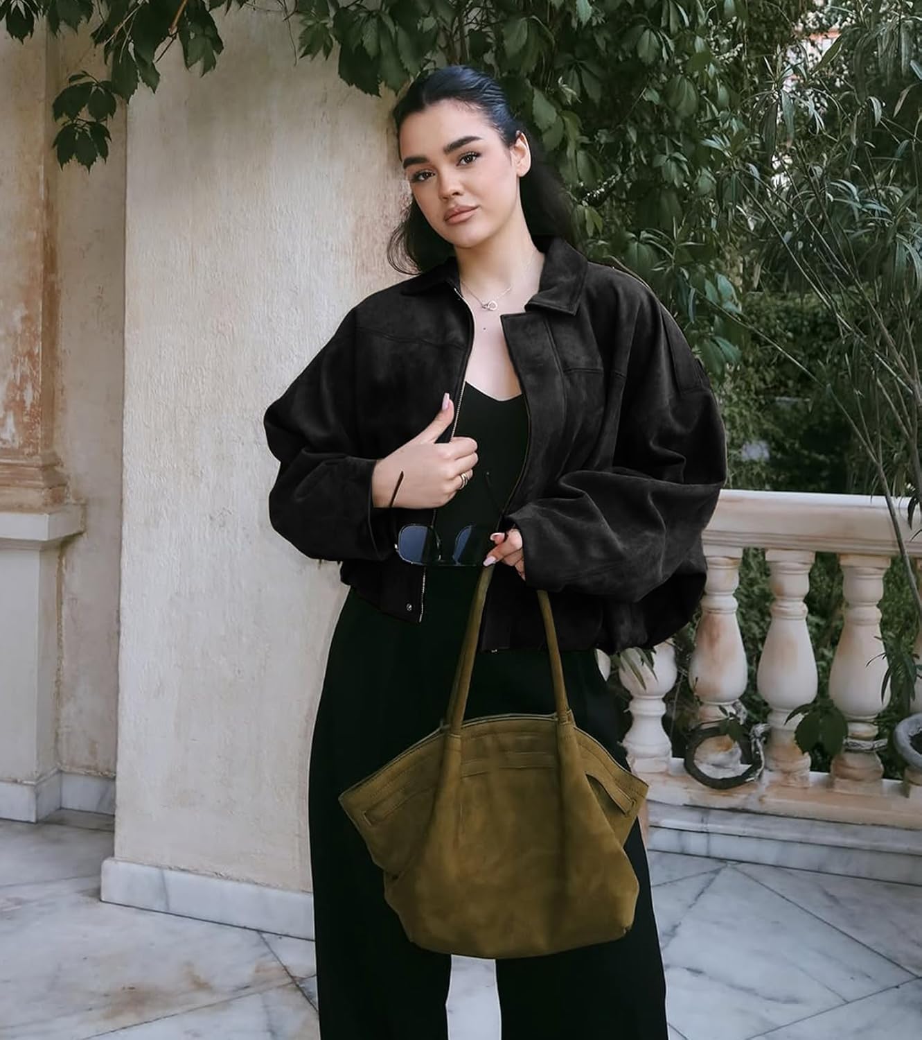 WOWULOVELY Women's Faux Suede Bomber Jacket Lapel Pilot Pocket Coat Casual Oversized Long Dolman Sleeves Trendy Streetwear - Image 2