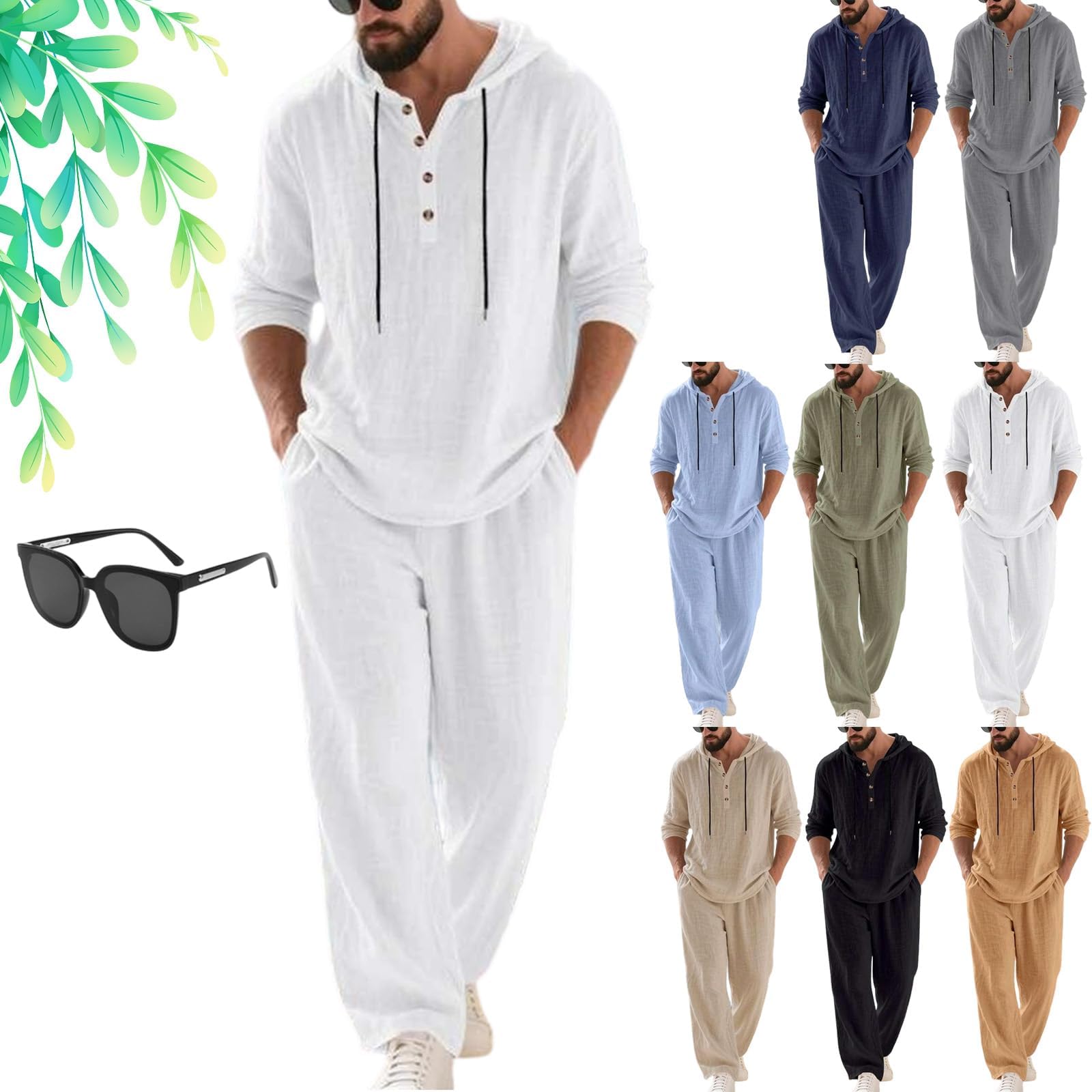 Men's Hooded Casual Loose Top & Pants 2-Piece Linen Set Henley Shirts Beach Loose Pant Summer Cotton Vacation Outfits
