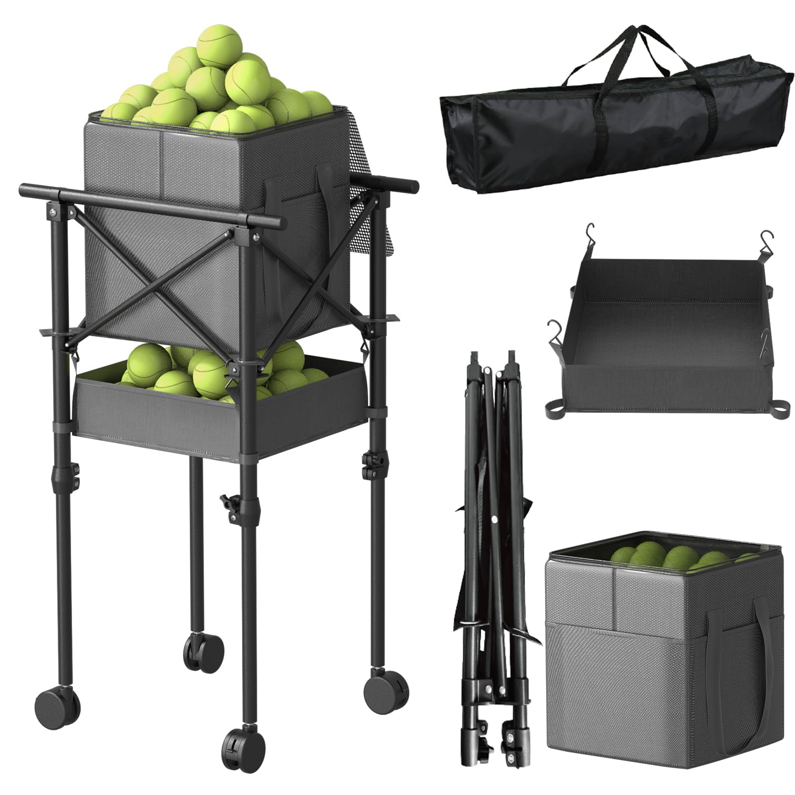 Moricher Canasta de pelotas de tenis con ruedas – Cesta de pelotas de tenis plegable de altura ajustable con bolsa de almacenamiento, 150 pelotas de pickleball y capacidad para pelotas de tenis