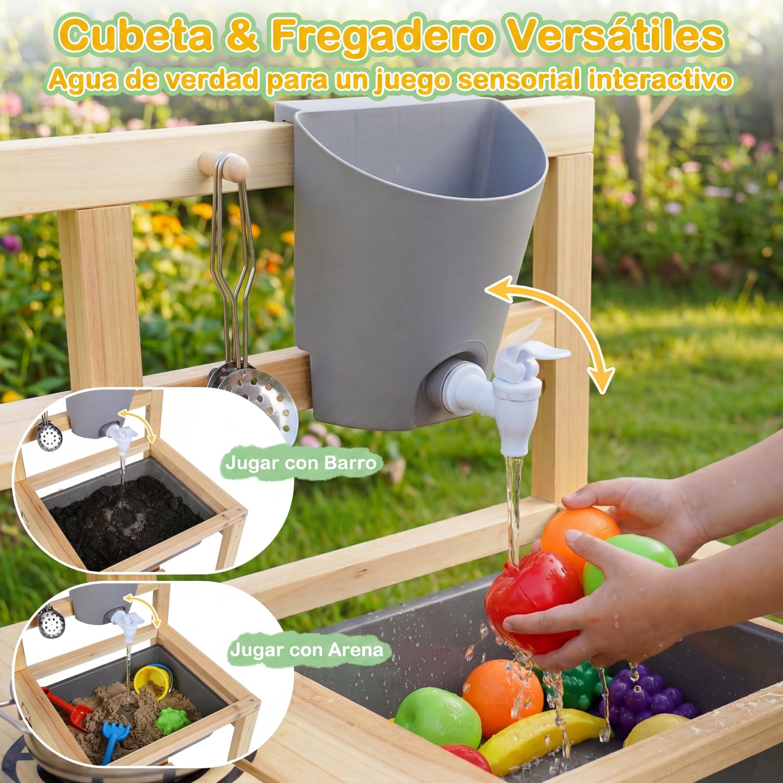 COSTWAY Cocina de Juguete Exterior, Cocinita de Madera Infantil con Fogones, Fregadero, Depósito de Agua, Macetas y Pizarra, Juego de rol de Juguete de Exterior para Niños de 3+ Años