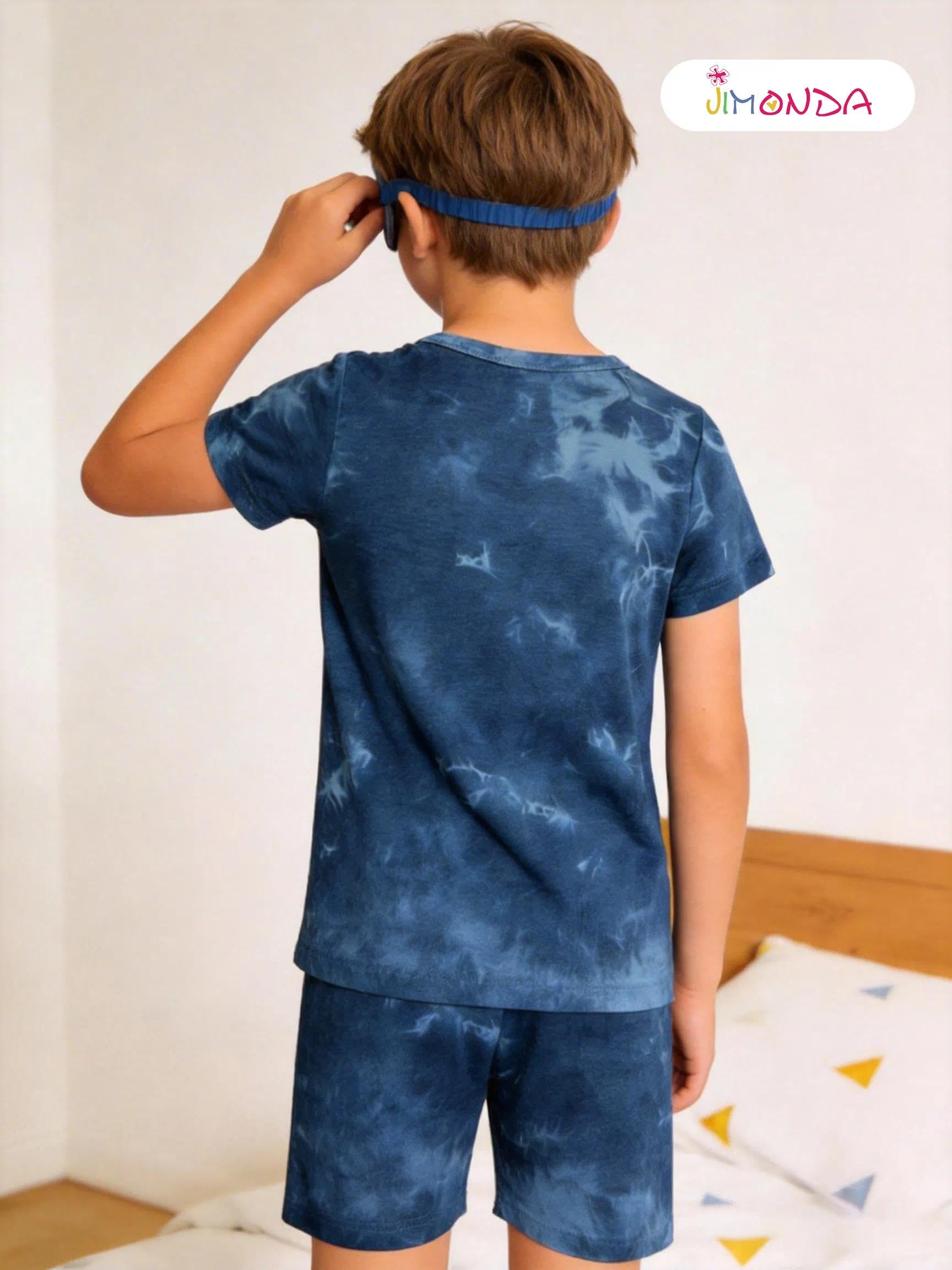 Jimonda Schlafanzug Jungen Kurz Zweiteilig Pyjama Set Weich Kinder Nachtwäsche Batikdruck Schlafanzüge für Jungen 6-14 Jahre
