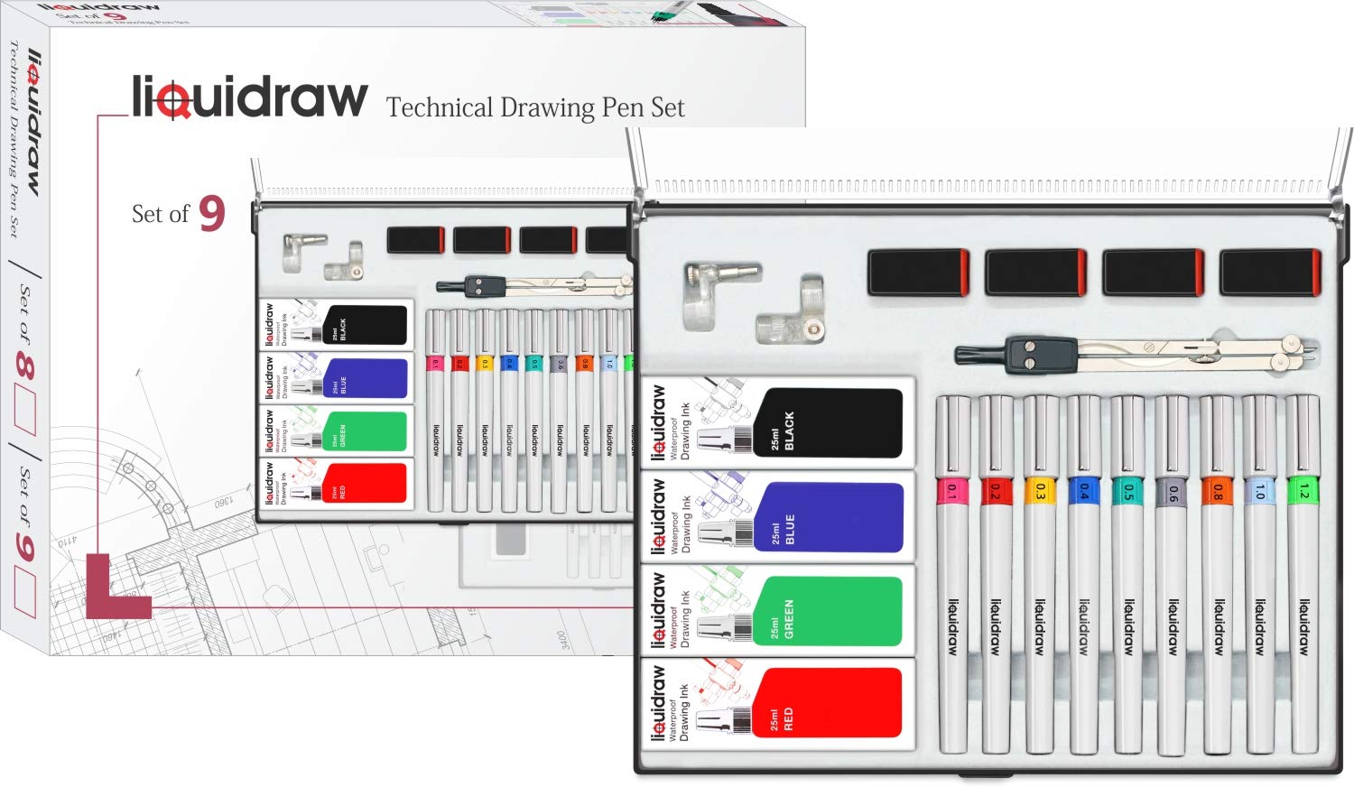 Liquidraw Set di 9 penne da disegno tecnico per artisti, università, con penna e inchiostri