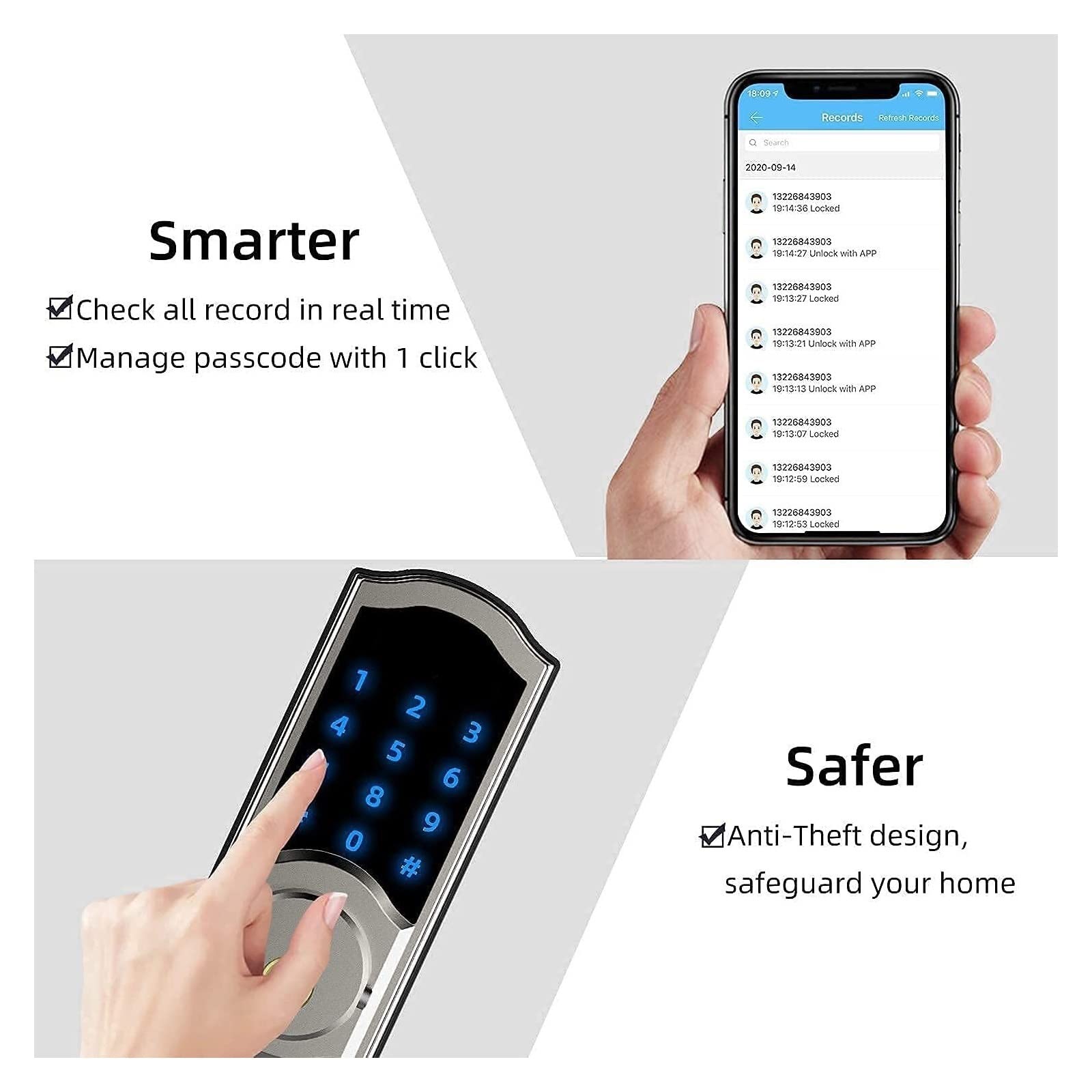 Inteligentny zamek do drzwi, Elektroniczny inteligentny zamek do drzwi z bramką hasło zdalnego sterowania Keyless APP odblokuj zamki do drzwi do domu do domu, wynajmu, garażu, biura i hotelu(Silver)