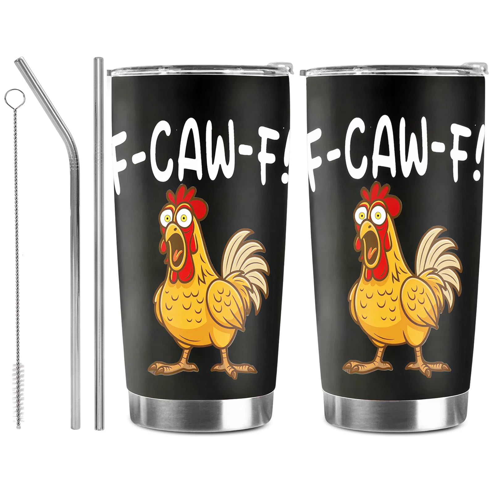 F-Caw-F Funny Chicken Insulated Coffee Cup, 20oz Stainless Steel F Caw F Cup Travel Mug Double-Sided Printed Insulated Tumbler with Straws Brushes and Lid, Funny Gifts Meme Rooster Thermal Fcawf (B)