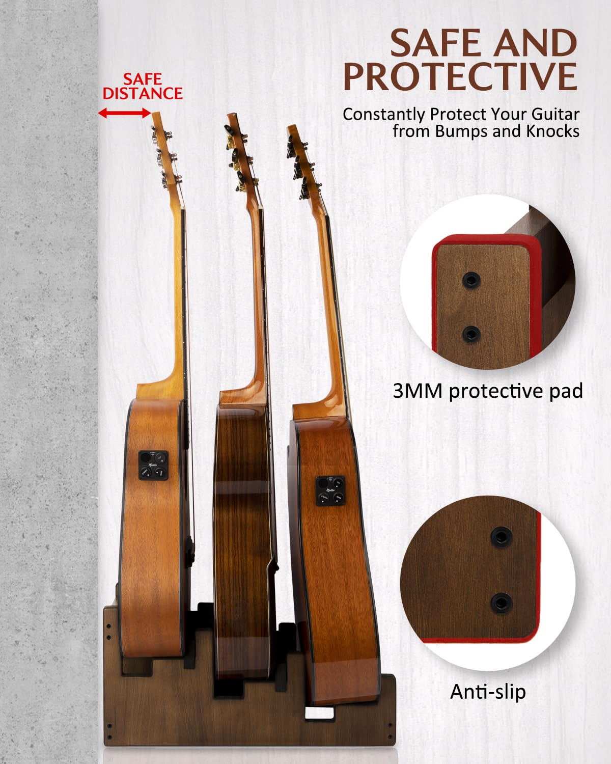 STRICH L-3AW Support de guitare en bois pour plusieurs guitares, 3 supports, affichage frontal, gain de place, pour la maison, le studio, la scène, couleur noyer, L-3AW (pour 3 acoustiques)