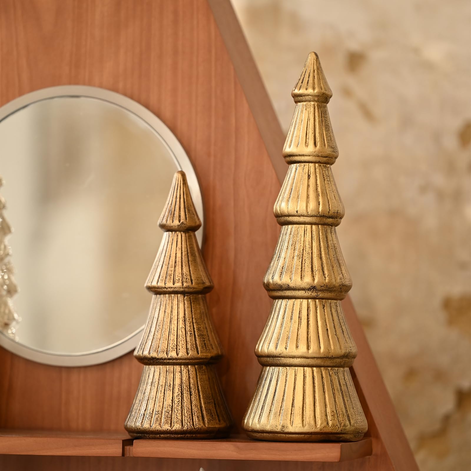 DN DECONATION Figuras de árbol de Navidad de madera, juego de 2 árboles de Navidad dorados, decoración de madera, decoración de mesa para decoración de Navidad, chimenea, estantería y decoración de