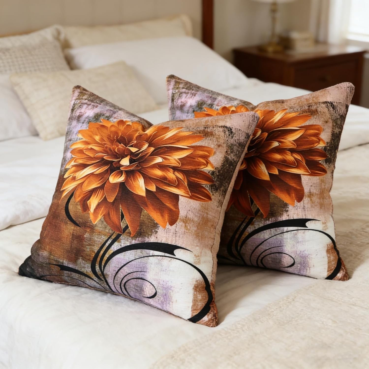 OYIMUA Soft Decorative Chenille Brown and Yellow Throw Pillow Covers 22x22 Set of 2 Vintage Abstract Flower Pillow Case for Couch Sofa Bedroom Living Room Home Decor Accent Pillows