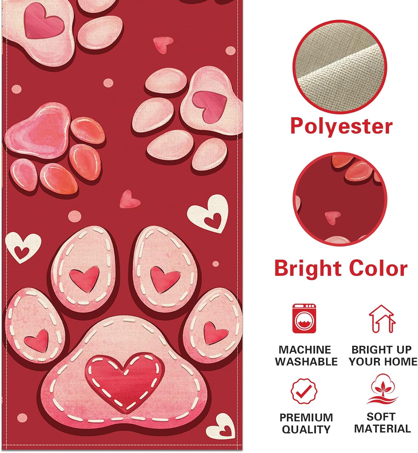 Valentines Day Dog Cat Paw Prints Table Runner, Red Love Hearts image 2