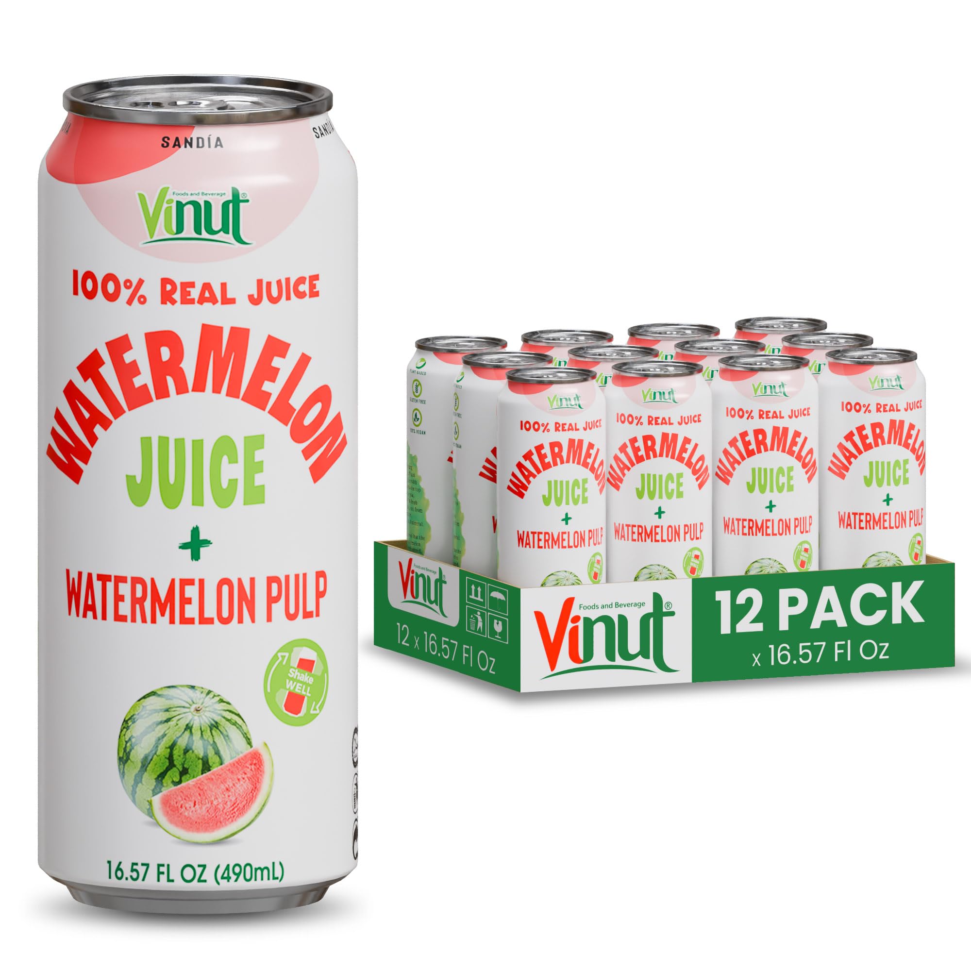 Vinut Natural Watermelon Juice Drink with Pulp, (16.57 fl oz, Pack of 12) Real Watermelon Juice, No Sugar Added, Gluten Free, GMO-Free