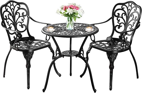 Withniture Juego de 3 piezas de mesa de bistró para patio, mesa de bistró de aluminio fundido y silla con agujero para paraguas, juego de patio