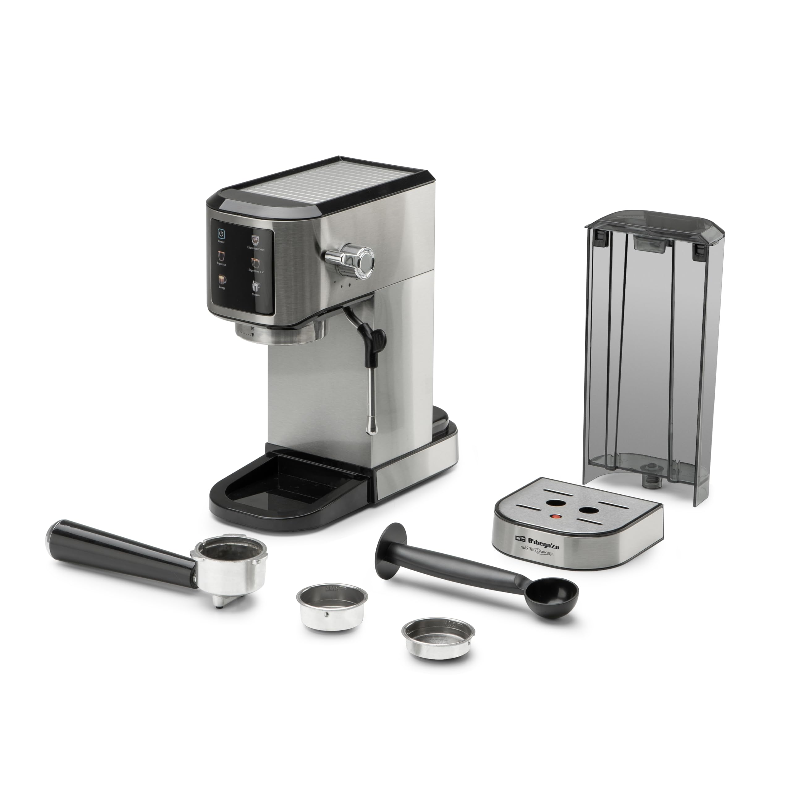Orbegozo EX 7000 Cafetera espresso compacta 20 bares de presión, 1350W, panel táctil, depósito 1L, vaporizador inox, compatible con café molido y monodosis, sistema anti sobrecalentamiento