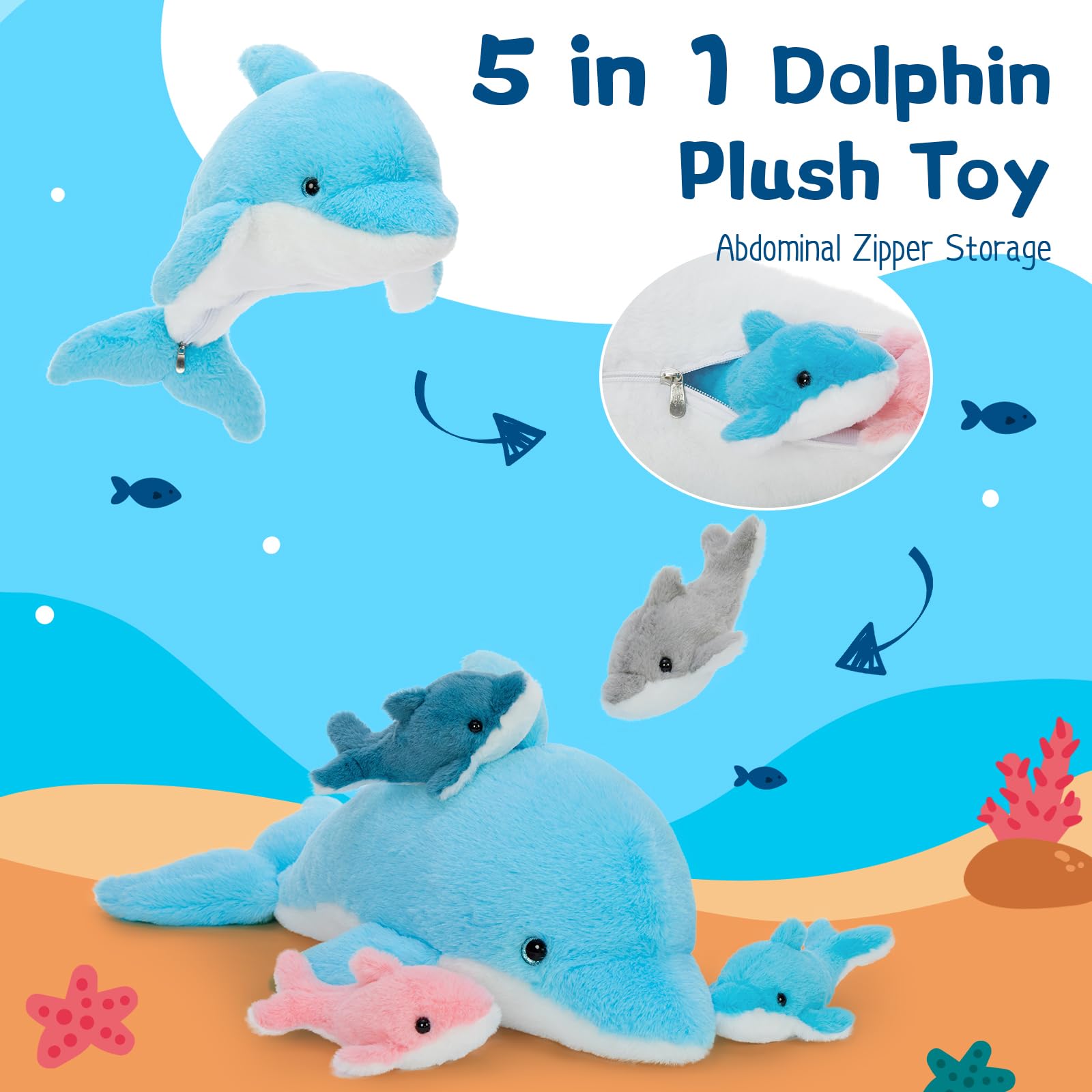 MorisMos 5 stücke Delphin Plüschtier groß Set, 52cm riesen blau süßes kuschel Delfin Kuscheltier XXL mit 4 Babys im Bauch, Blauer Fisch Dolphin Freund Geburtstag Weihnachten Geschenk für Kinder - 4