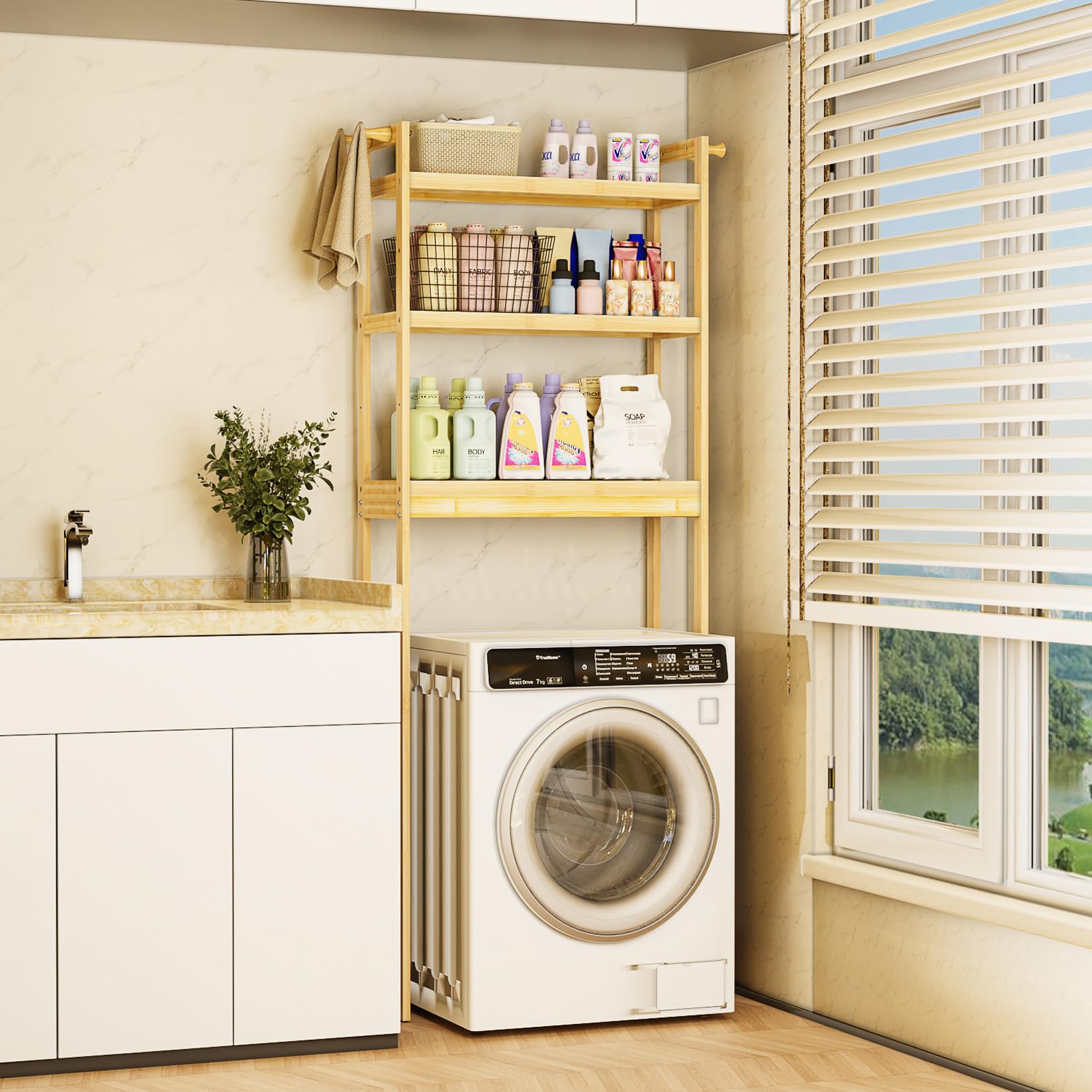 unho Scaffale Mensola per Lavatrice: Bagno Mobile Sopra WC in Bambù Portaoggetti Ripiani Regolabili Salvaspazio Scaffalatura per Lavatrice 63x26x170 cm