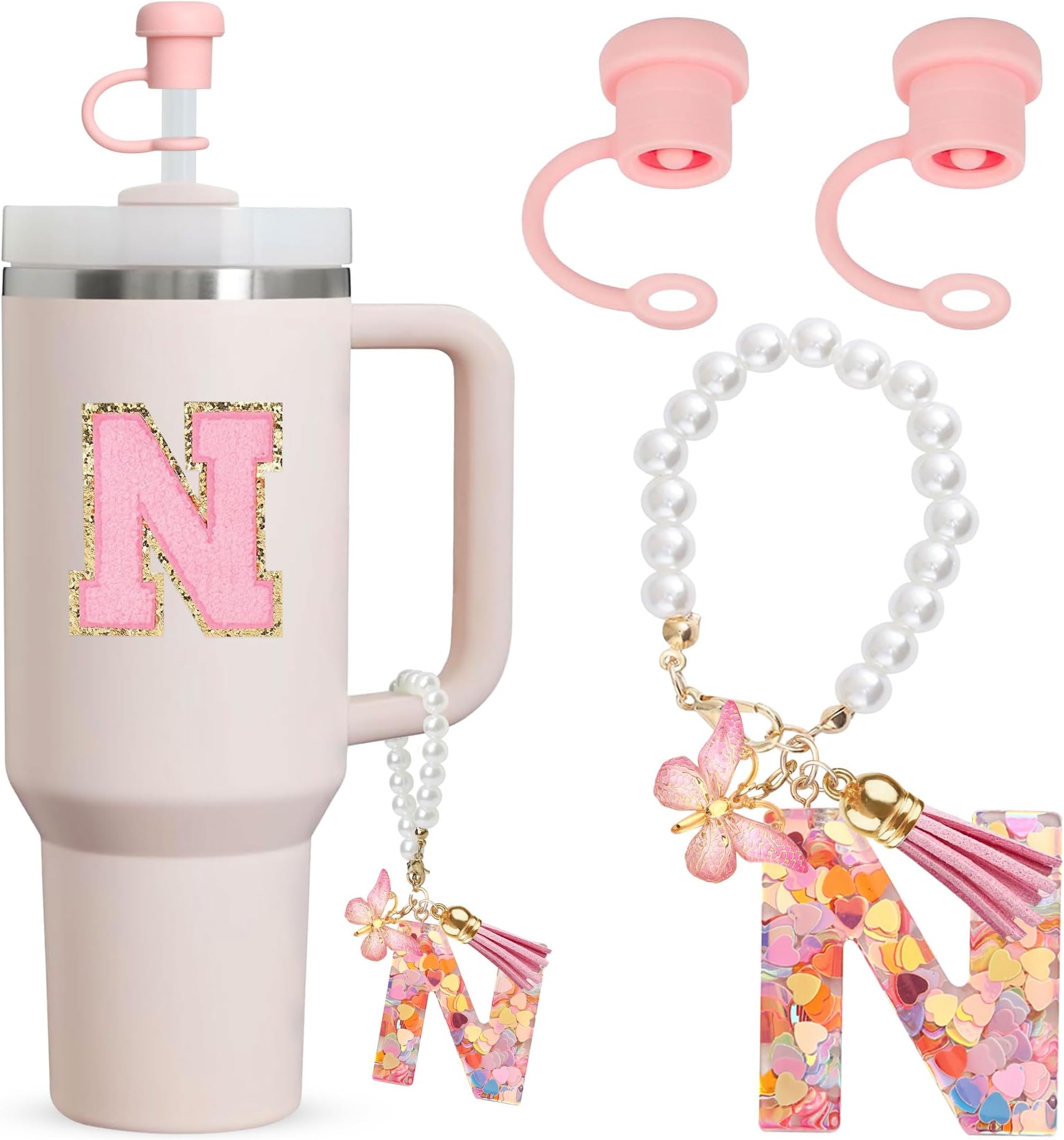 Letter Cup Accessories for Stanley 4pcs Includs 2pcs Dustproof Straw Topper,1pc Letter Charm Accessories for Stanley Cup and 1pc Personalized Name ID A-Z Pearl Hangings Letter Stickers (N)