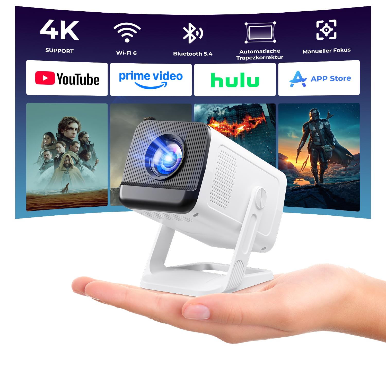 Mini Beamer 4K Unterstützt WiFi 6 BT 5.4 Auto Trapezkorrektur 180°Drehung | mit Android 14, Automatische Trapezkorrektur, WiFi 6 und Bluetooth 5.4, 180° Dreh Sternenhimmel Projektor Tragbar Heimkino