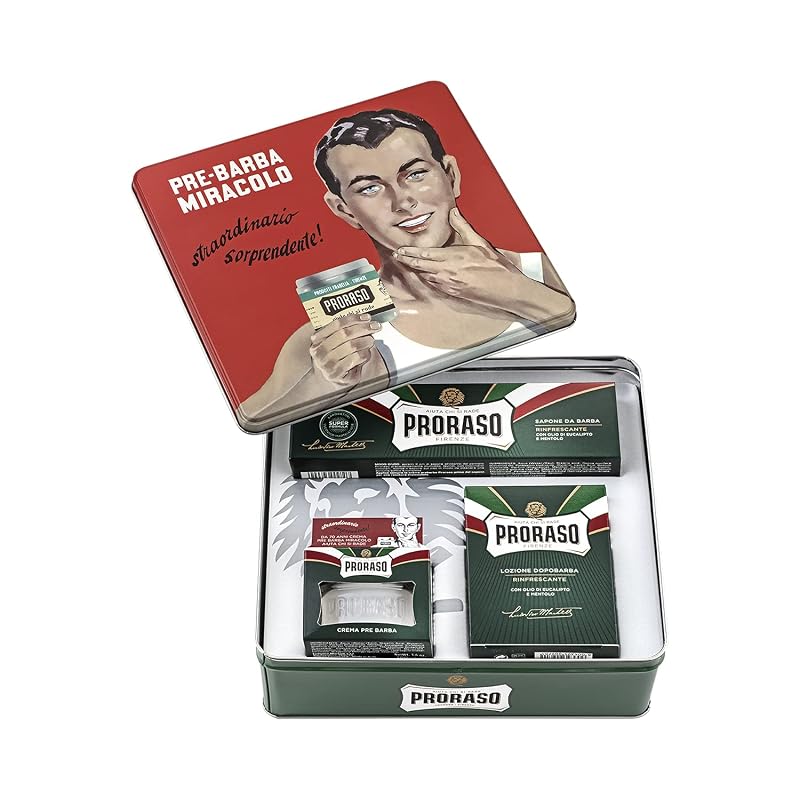 Kit de Barbear Proraso Vintage Gino em Lata com Creme Pré-Barba, Creme de Barbear e Bálsamo Pós-Barba