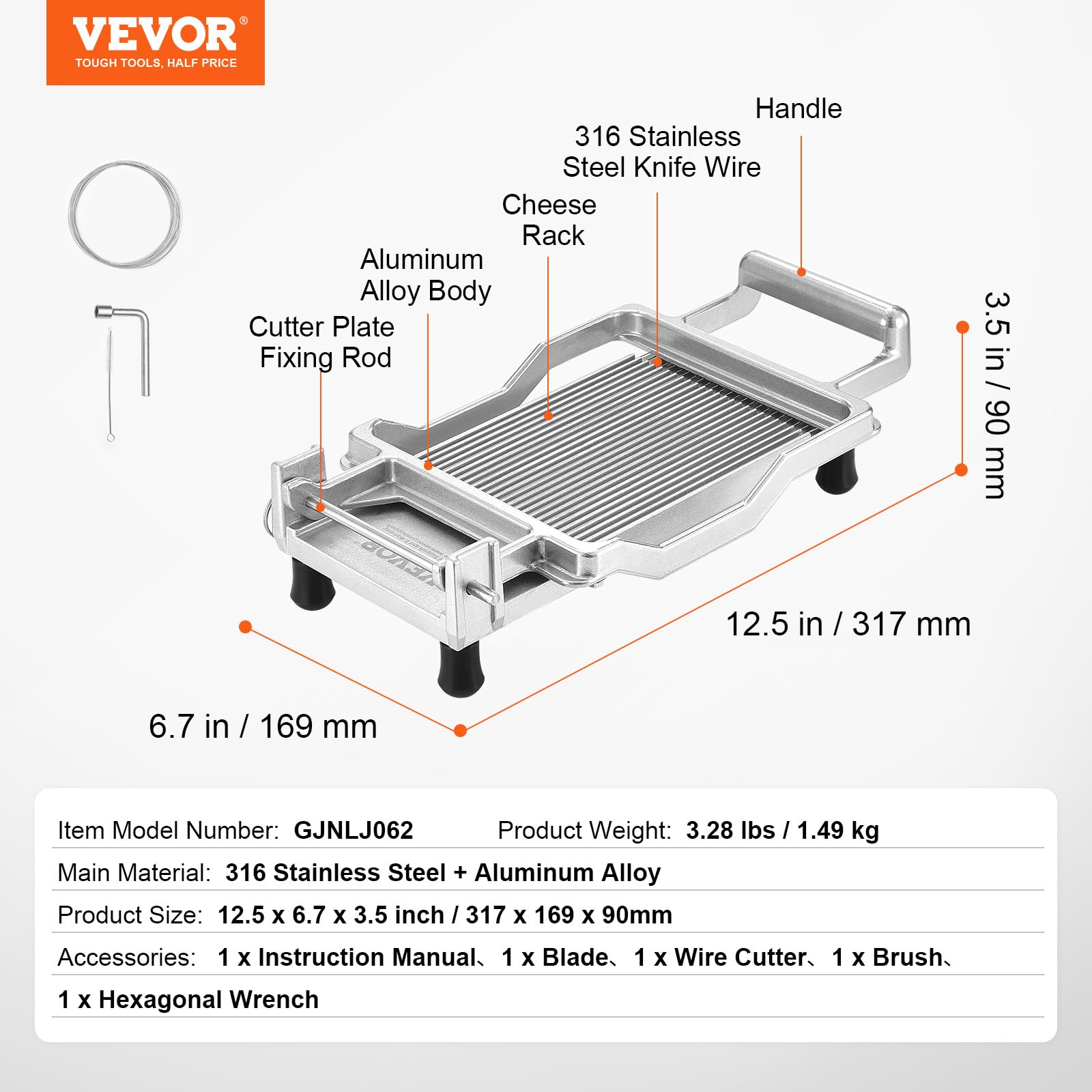 VEVOR Cortador de Queso con Alambre Desmontable, Cuchilla Ultrafina para Cortar Mantequilla y Queso de 5 mm, Aleación de Aluminio con Alambre de Acero Inoxidable 316, para Cocina, 317 x 169 x 90 mm