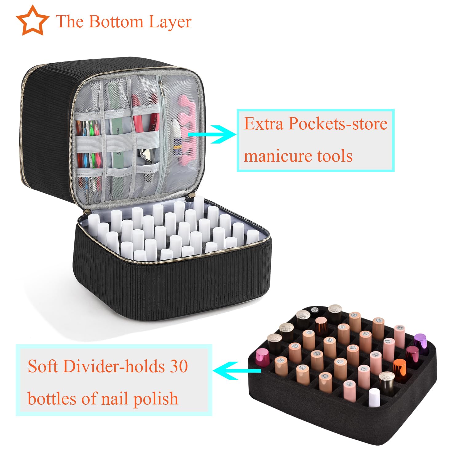 CTWWFS Organizador de esmalte de uñas y estuche para lámpara de uñas, organizador de kit de uñas con capacidad para 30 botellas (15 ml) y una lámpara de uñas, estuche de transporte de esmalte de uñas