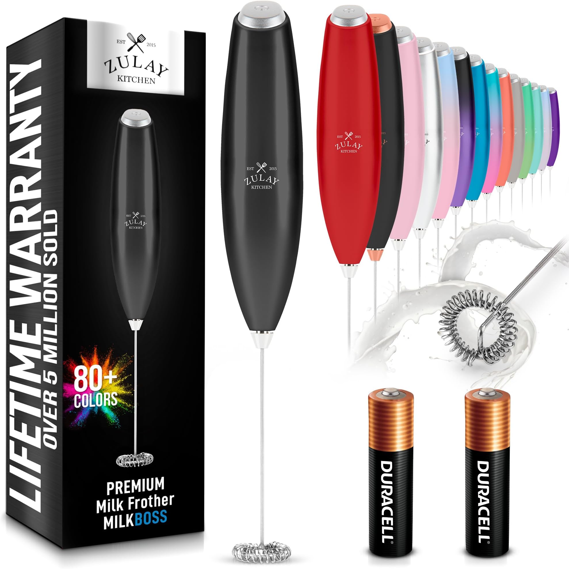 Zulay Kitchen Milk Frother Handheld Electric Whisk with AA Duracell Batteries – Durable Drink Mixer for Coffee, Lattes, Cappuccinos & More - Metallic Black