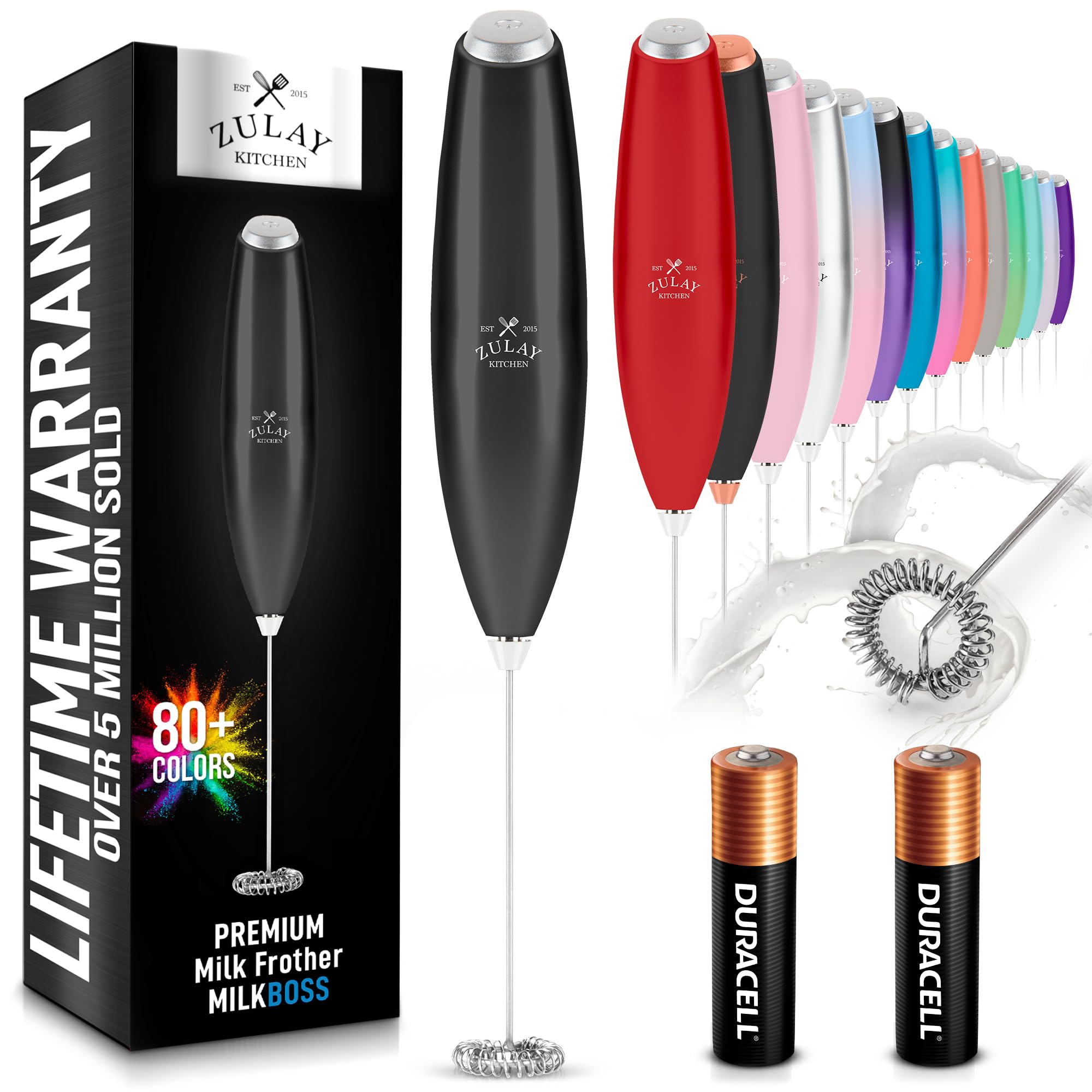 Zulay Kitchen Milk Frother Handheld Electric Whisk with AA Duracell Batteries – Durable Drink Mixer for Coffee, Lattes, Cappuccinos & More - Metallic Black