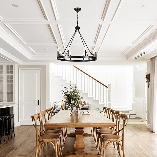 Miniatura 3 de ZJVAIVE Candelabro negro con rueda de vagón de 26 pulgadas, 8 candelabros negros claros para comedor, lámparas colgantes redondas rústicas para sala