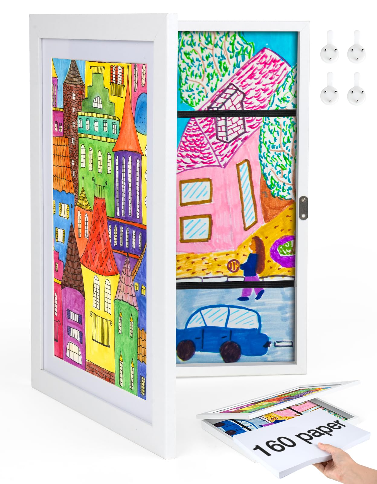 Disegni Bambini Cornice A4, con Orizzontale o Verticale, Frontale Cornice Portafoto Artistica Apribile, Artistiche Cornici per Disegno Bambini, Bianco, A4, 1 Pezzi