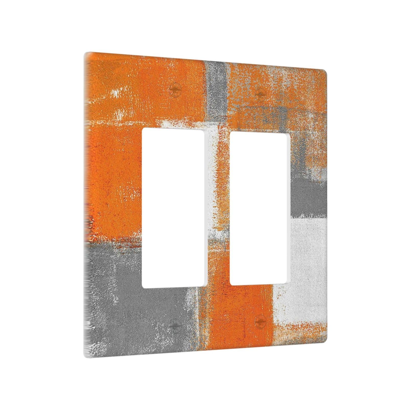 Orange Gray White Abstract Printed 2 Gang Rocker Decora Light Switch Covers Decorative Country Unique Dual Outlet Covers Wall Plate Electrical Faceplate Switchplate GFCI for Kitchen Bedroom Decor
