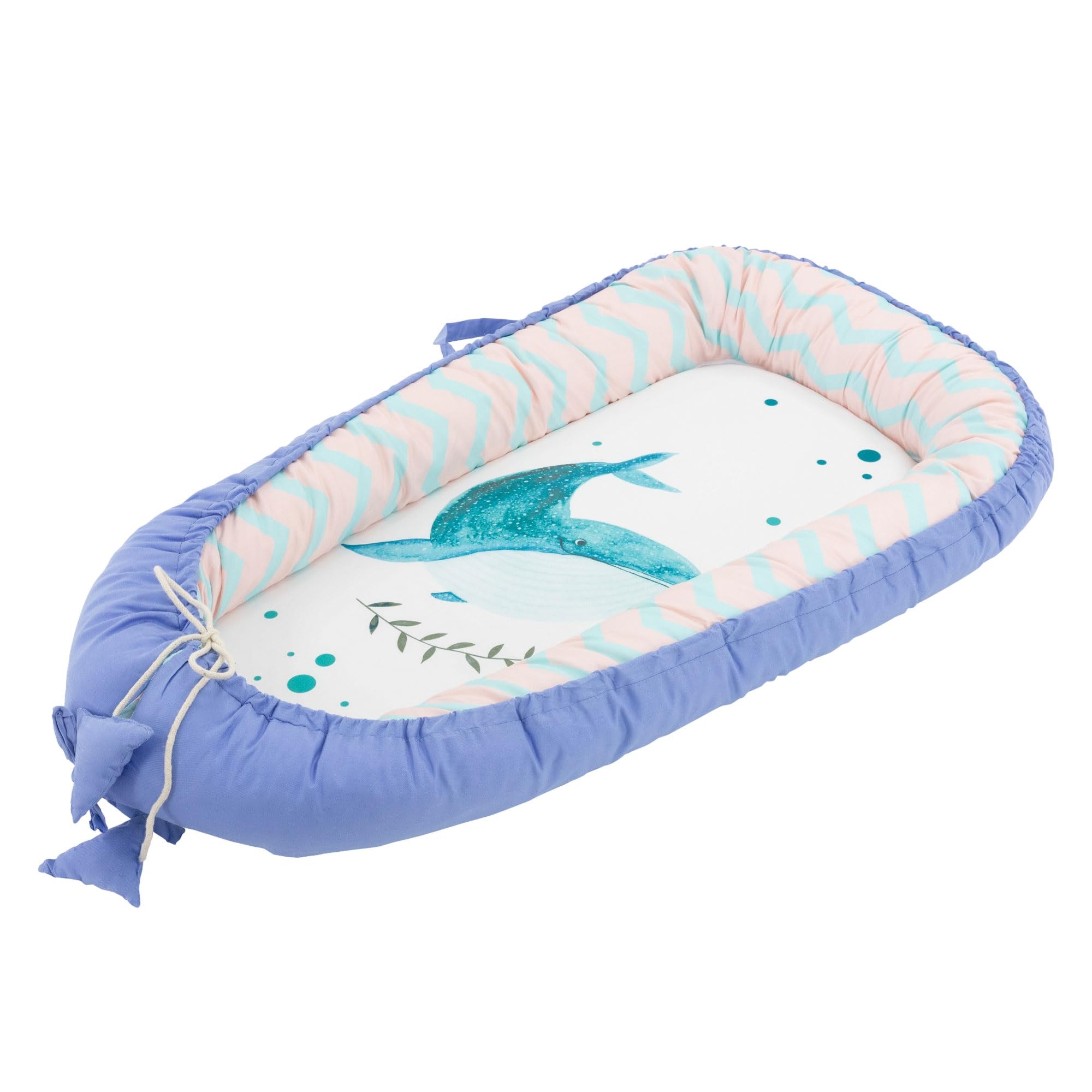 Joyz Nid de Bébé, Baleine-Minky Bleu Foncé, 90x50 cm, 100% Coton, Couverture Douillette, 2 Faces, Housse Amovible, Cocon Bébé Portable, Antiallergique, Lit de Bébé Nouveau-né, Nid Multifonction Voyage