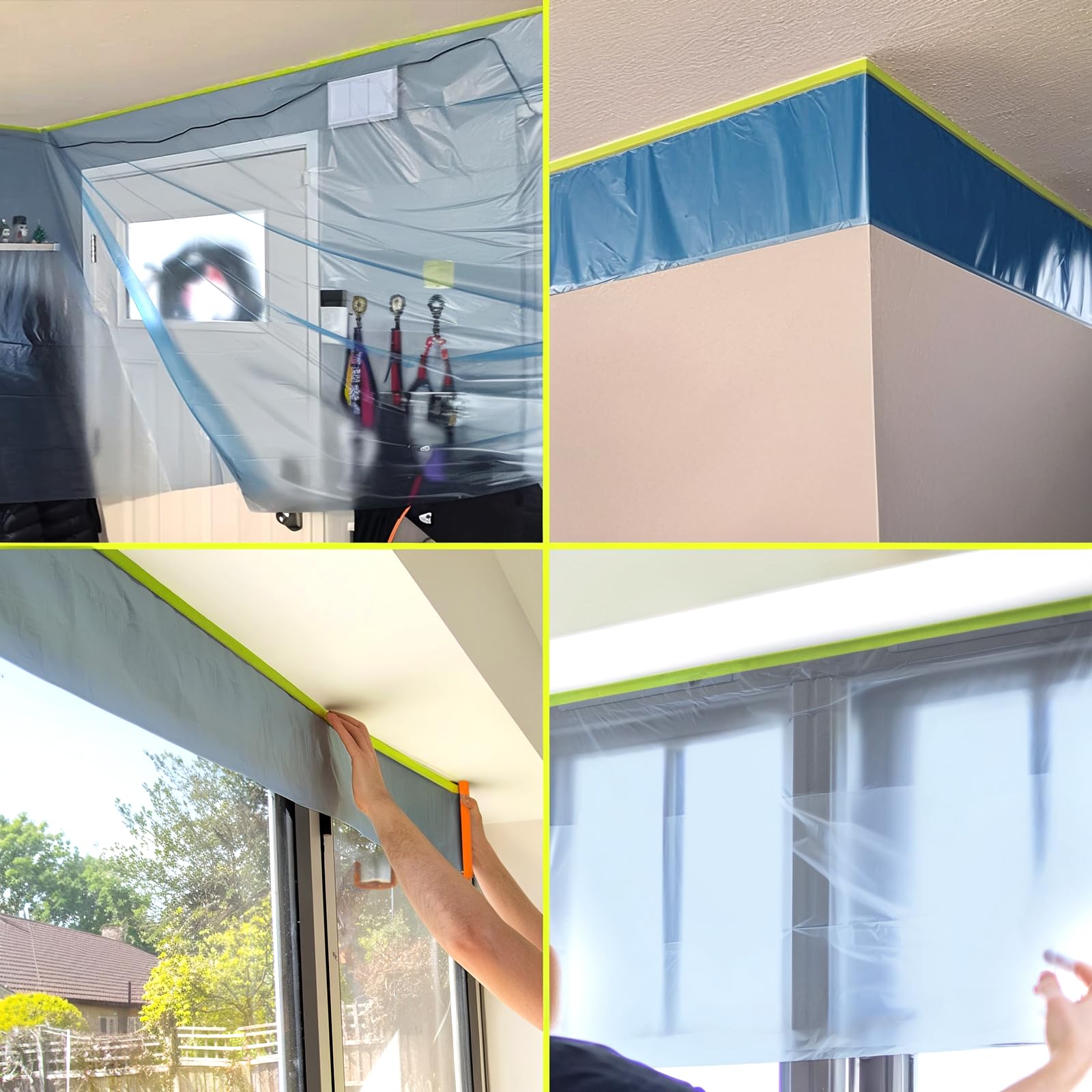 Película de enmascaramiento presellada para pintar, lámina de plástico para pintores de 44 pulgadas x 66 pies con cinta de pintura automotriz y cortina para cubrir automóviles, paredes, ventanas y