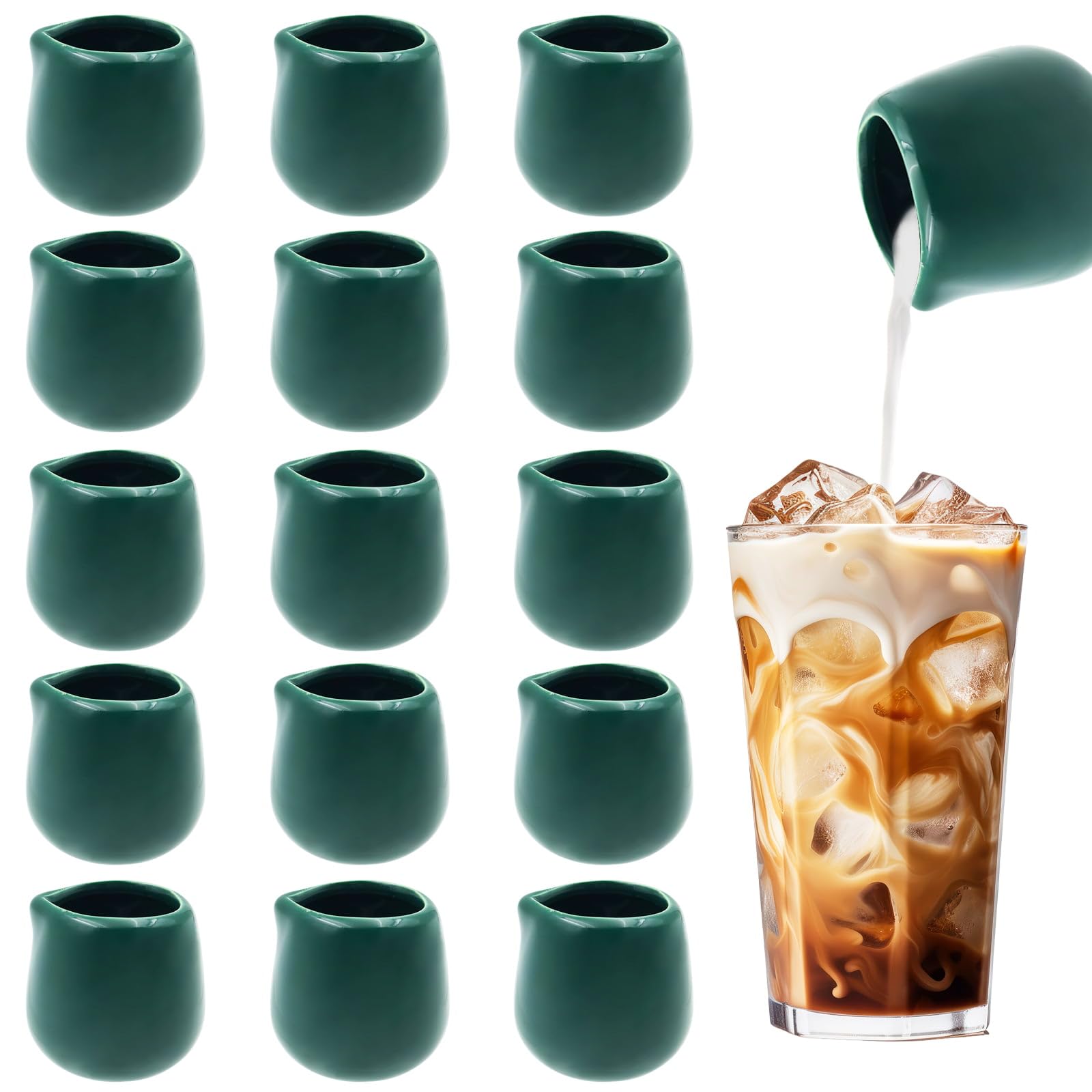 16Pcs Mini Ceramic Milk Jugs 50ml, Small Porcelain Creamer Pitchers for Coffee, Latte, Milk Frothing & Pouring, Handle-Free Design, Sauce Jugs for Espresso, Creamer, Gravy, Syrup, Dessert (Green)