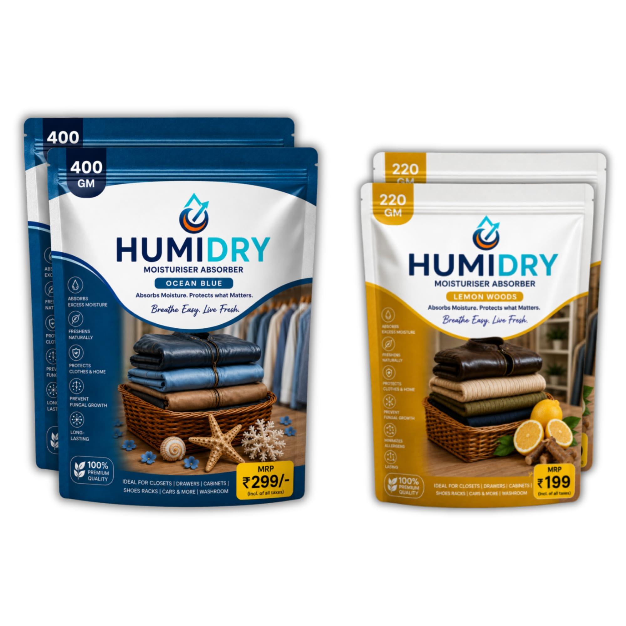 Moisture Absorber Combo Pack of 4 (Ocean Blue 400g x 2 & Lemon Woods - 220g x 2)| Dehumidifier for Wardrobe, Closet, Cabinet, Drawer, Shoe Rack, Bathroom & Car-image-31