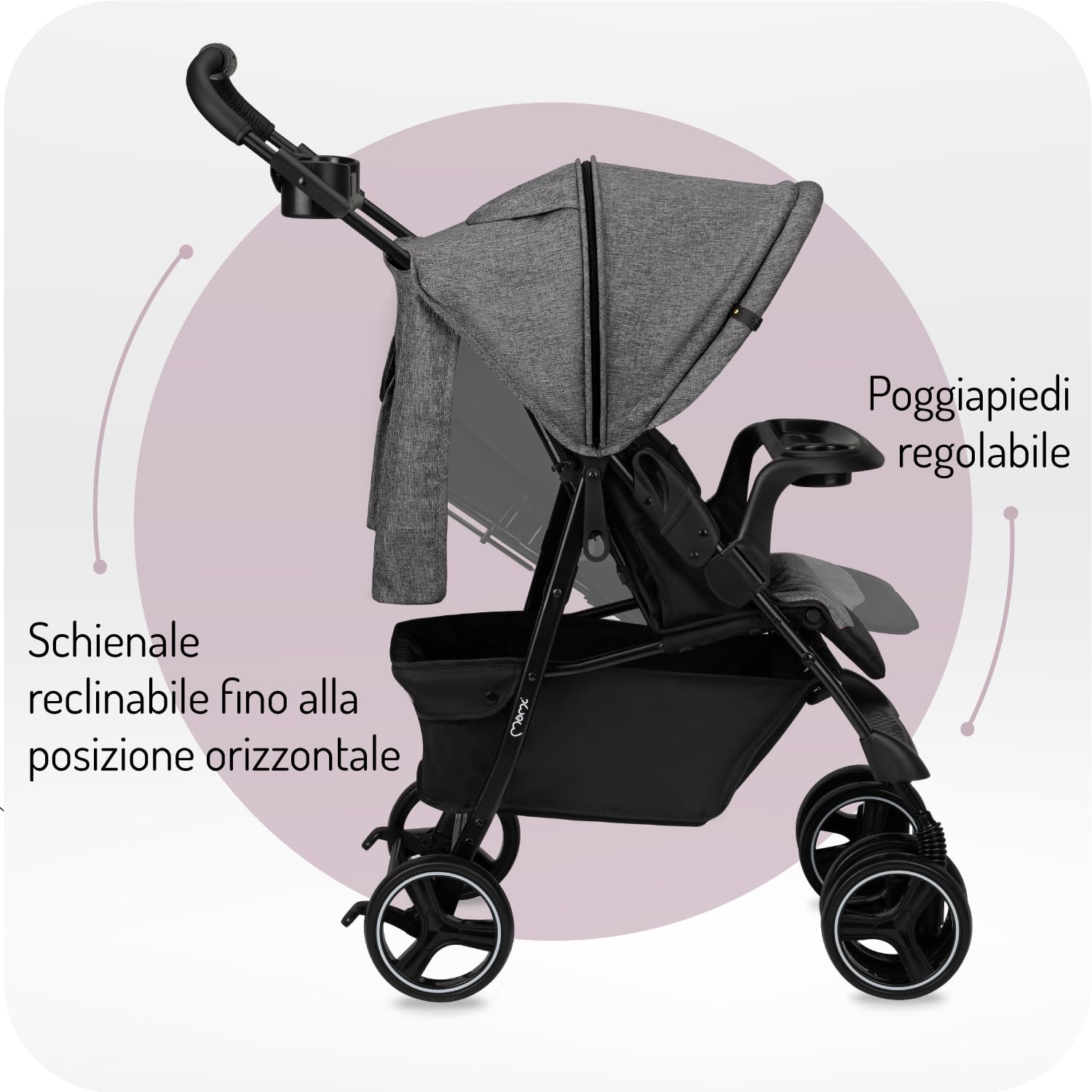 Passeggino MoMi ISLA, adatto dal sesto mese di vita fino a 15 kg, con cinture a 5 punti, cestino, coprigambe, portabicchieri, vassoio per snack e borsa per pannolini