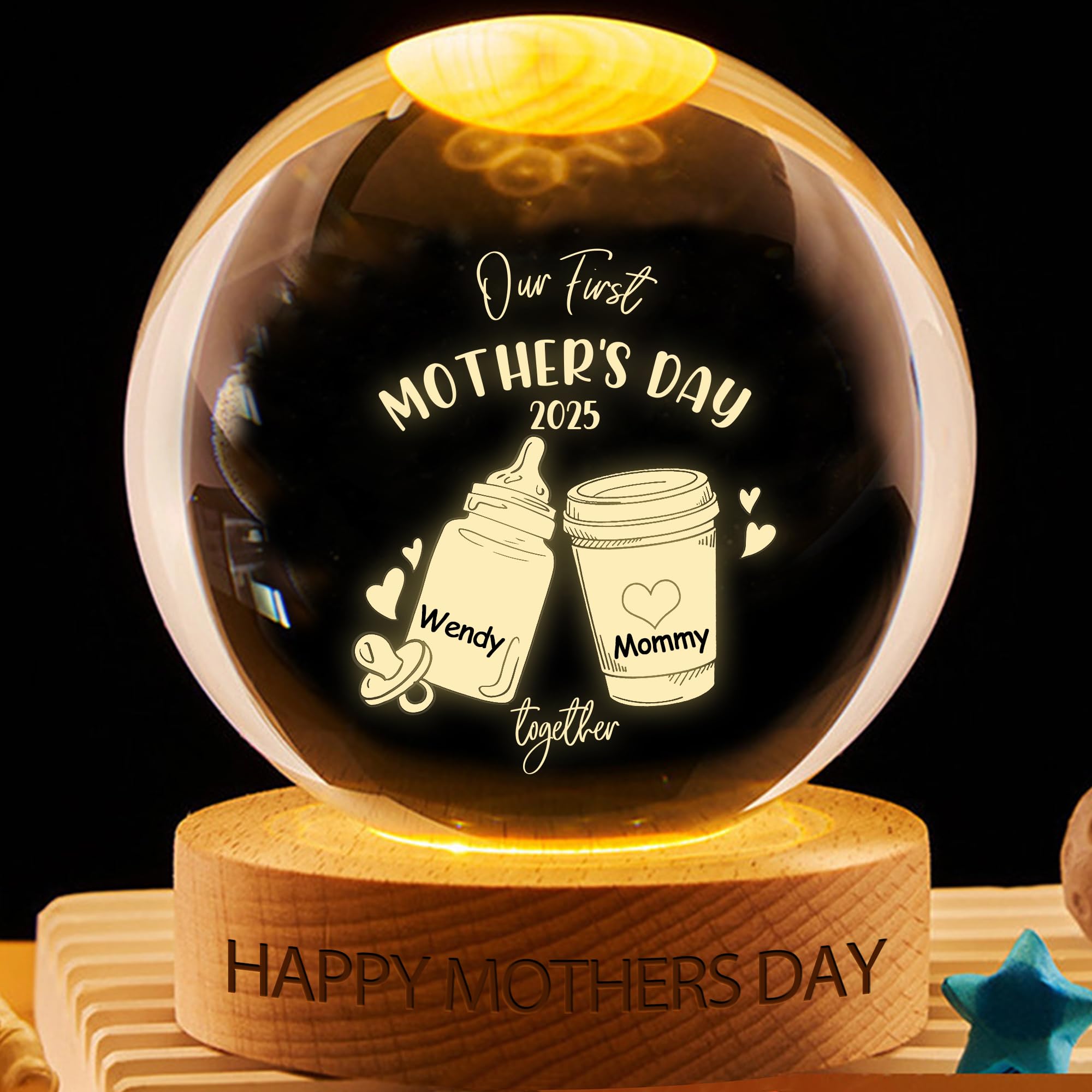 VWCSDSCS Personalized Our First Together Crystal Snow Globe Night Light Custom Mom & Kids Names, 3D LED Lamp with Wooden Base, Bedroom Decor & Sentimental Gifts for New Mom, Baby Shower, Birthdays