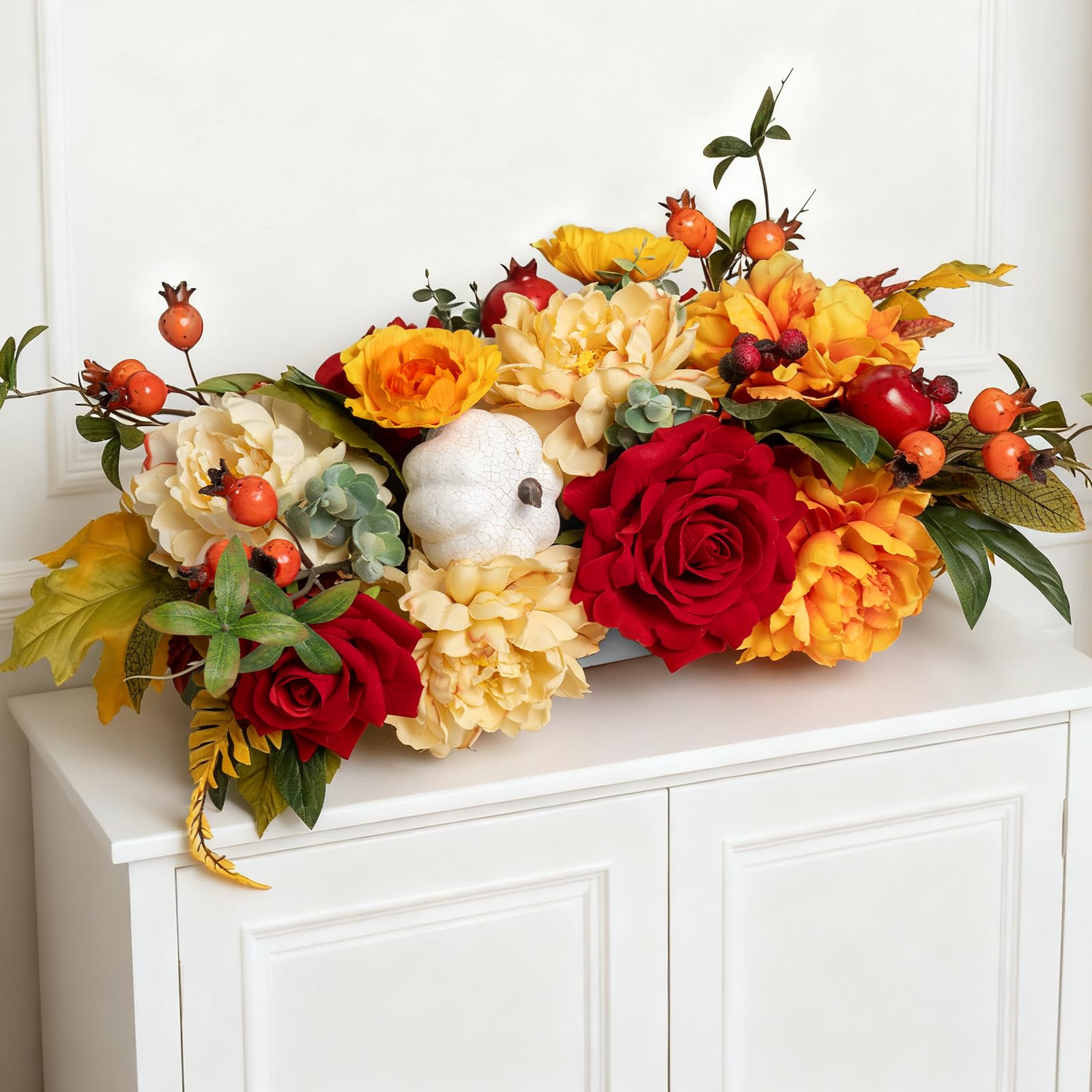 PureCosy silk floral centerpiece with peonies, roses, berries and foam pumpkins